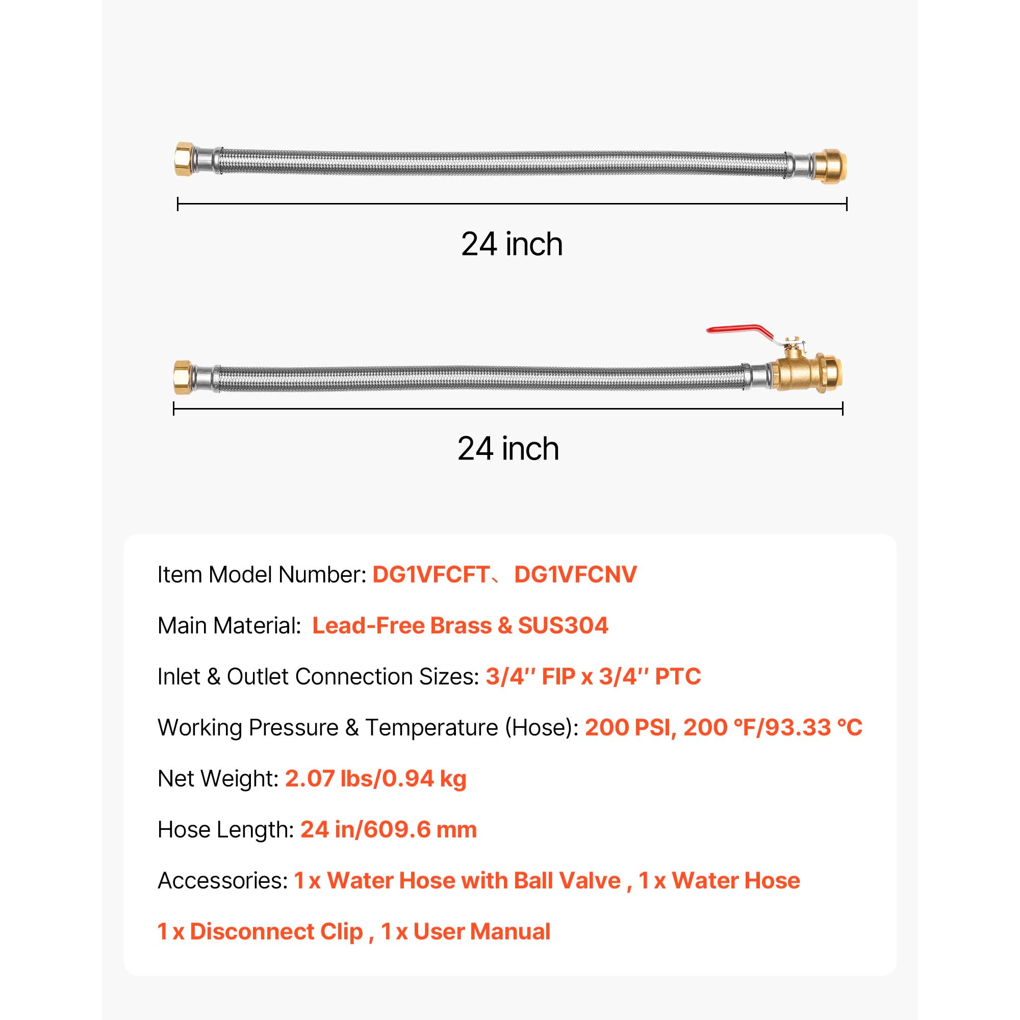 HONGGE Water Heater Kit Push-Fit Valve Flexible Water Heater Connector with 3/4" FIP PTC Ball Valve Stainless Steel