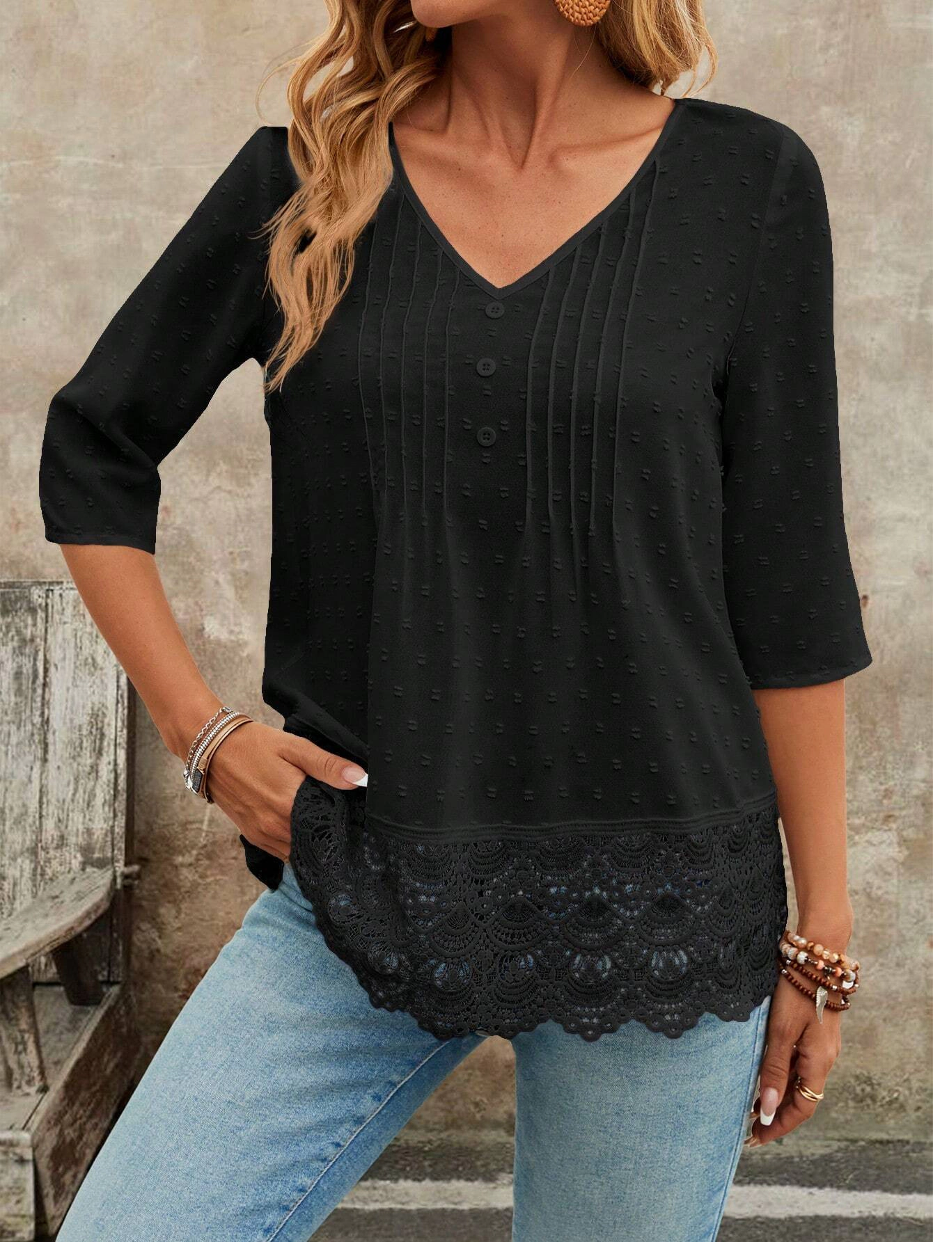 KOJOOIN Women's V Neck 3/4 Sleeve Dot Crochet Lace Trim Tunic Blouse Top