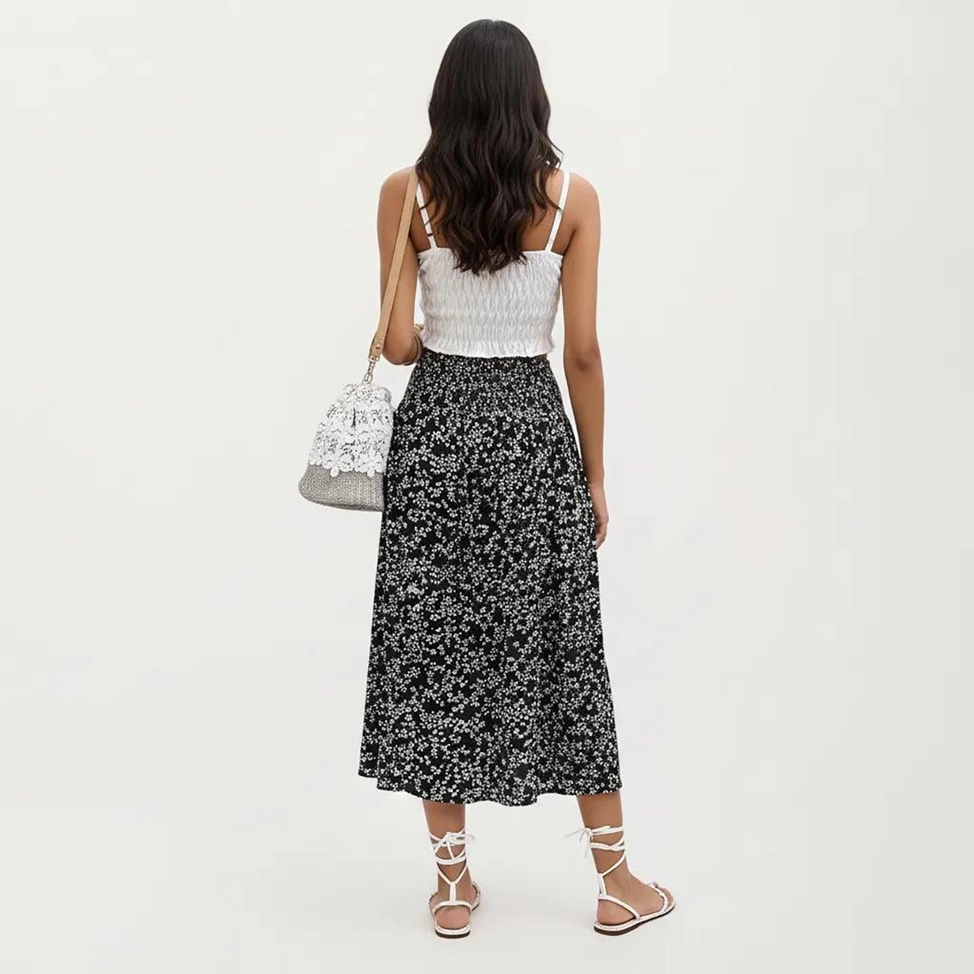 Anna-Kaci Womens High-Waist Ditsy Floral Midi Skirt with Side Slit