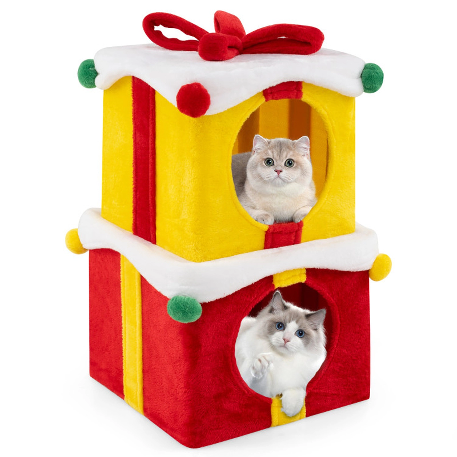 SUGIFT 2-Piece Gift Box Shaped Christmas Cat House with Stackable Double Condos 27-in Tall 22-lb Capacity Red and Yellow