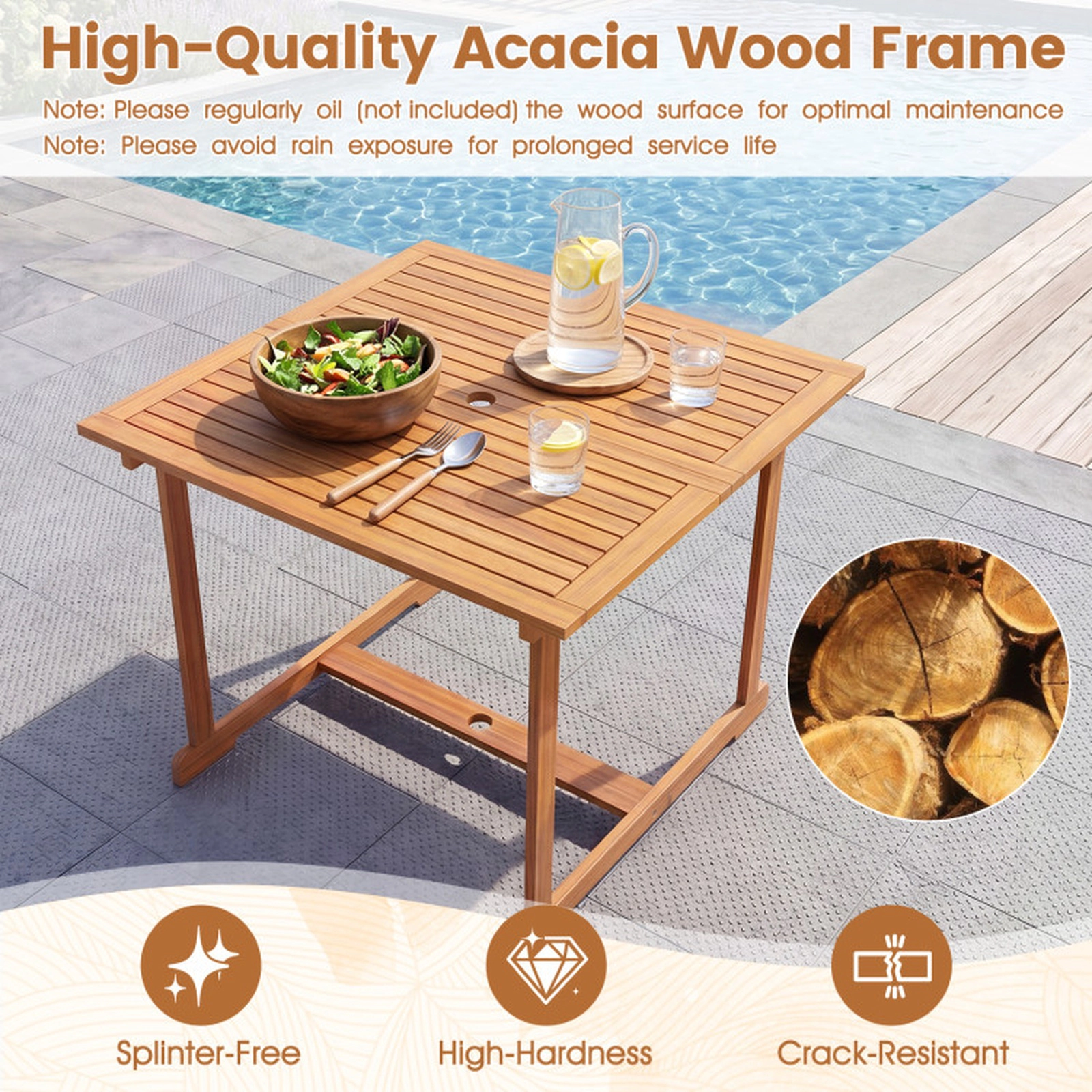 SUGIFT 35.5-in Square Acacia Wood Outdoor Dining Table for 4 with Umbrella Hole