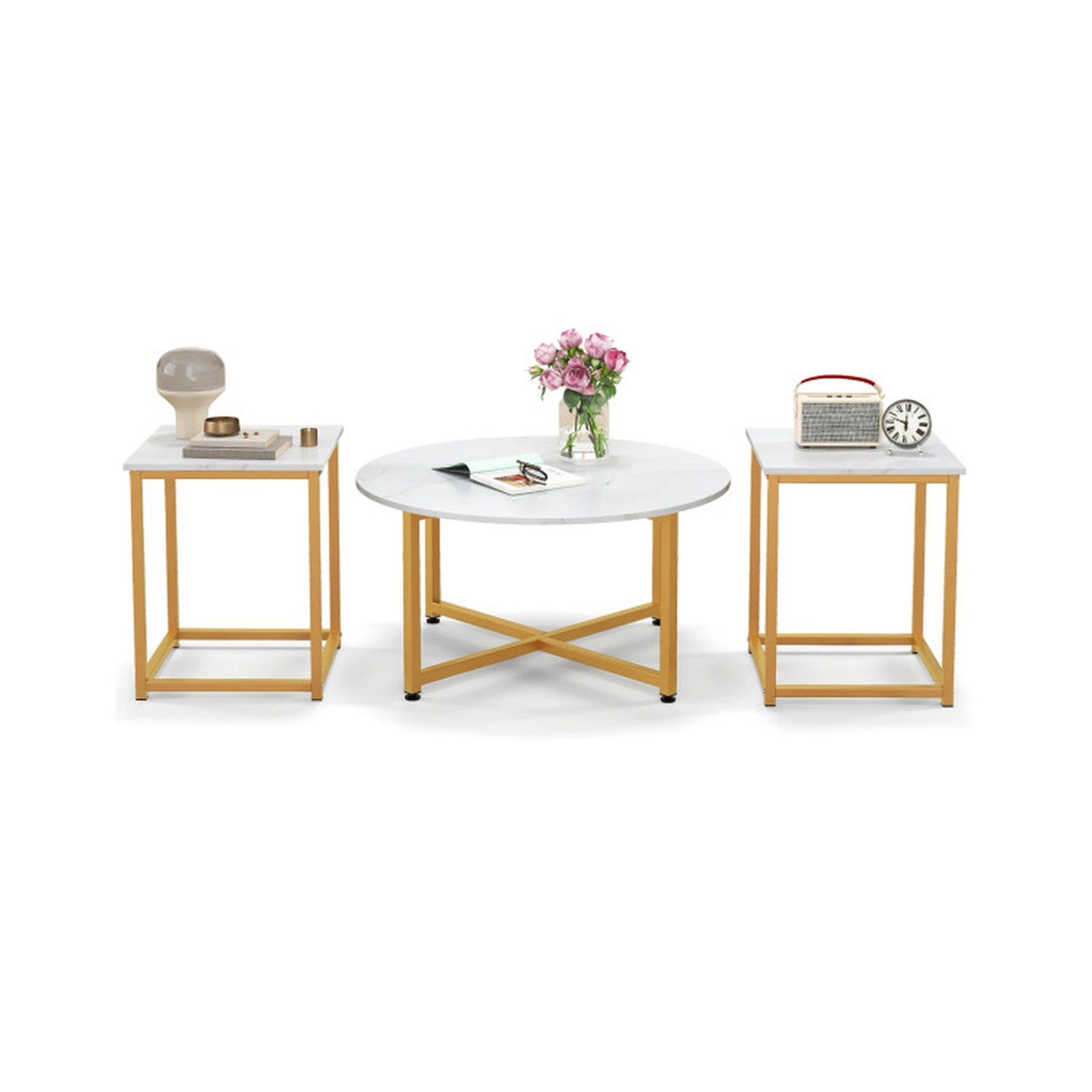 SUGIFT 3-Piece Coffee and End Table Set 220-lb Coffee Table Capacity 110-lb End Table Capacity White and Gold