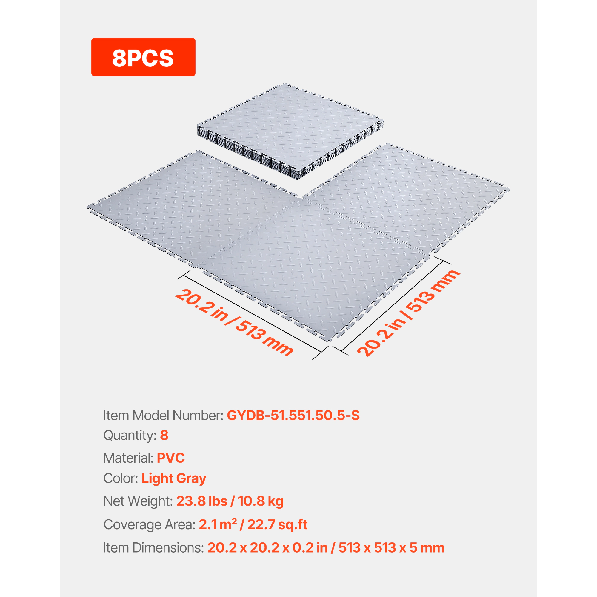 HONGGE Garage Floor Tiles Interlocking 20.2 x 20.2 x 0.2 in Interlocking Modular Garage Flooring Tiles Diamond Plate