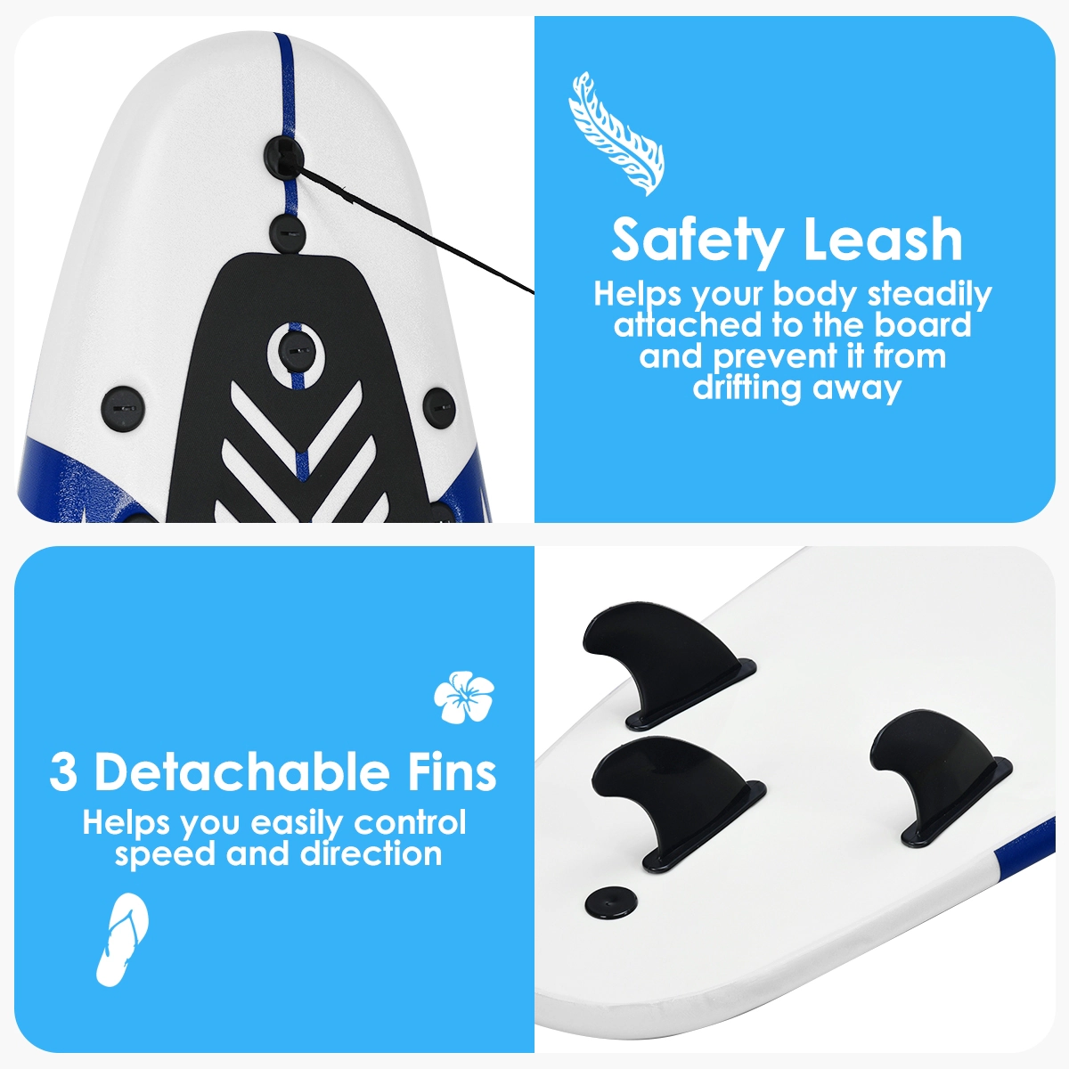 SUGIFT 6-ft 200-lb Capacity Soft Top Foam Surfboard with Slick HDPE Bottom 3 Detachable Fins and Leash