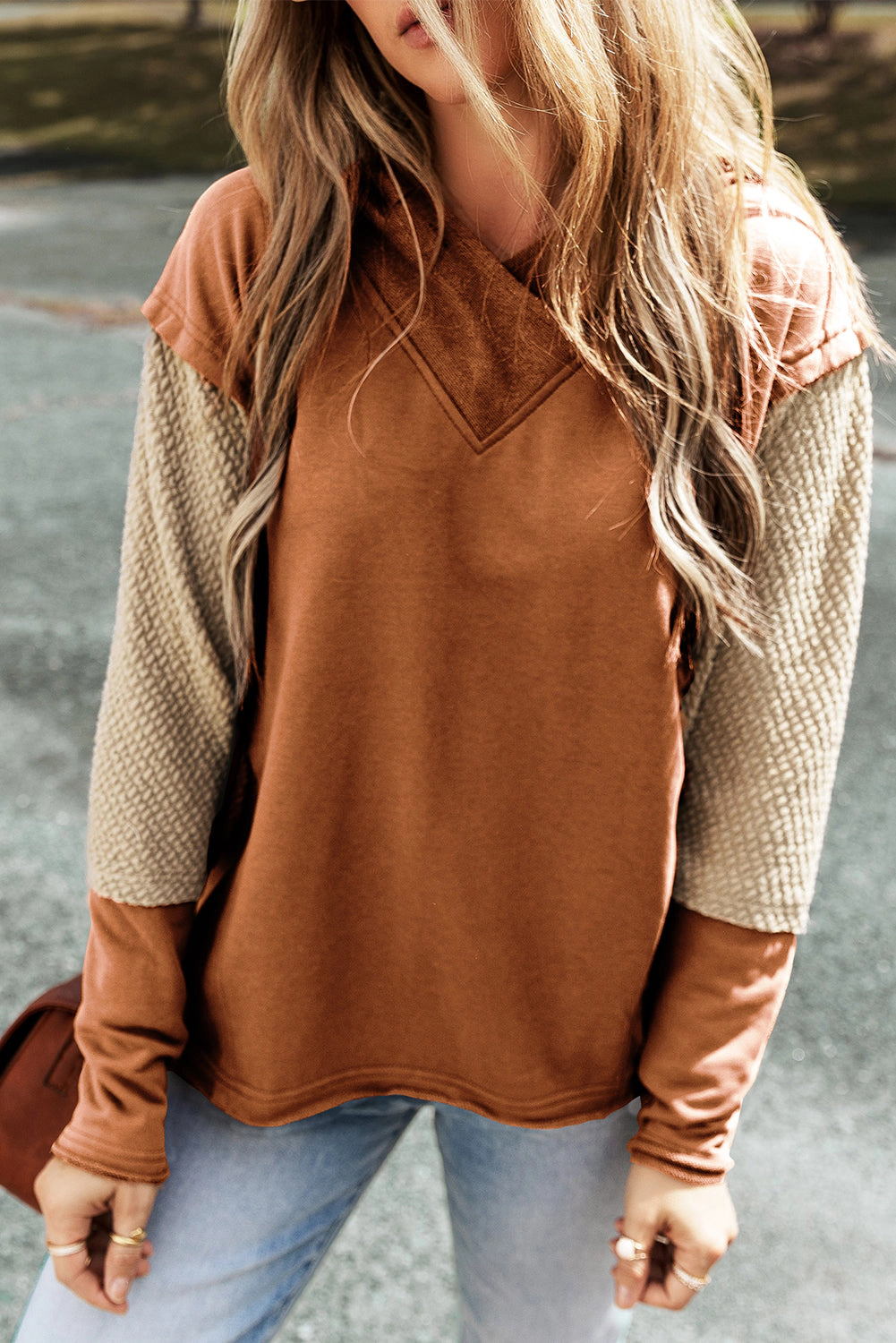 Threaded Pear Women's Daphne Sleeves Patchwork Colorblock Hoodie