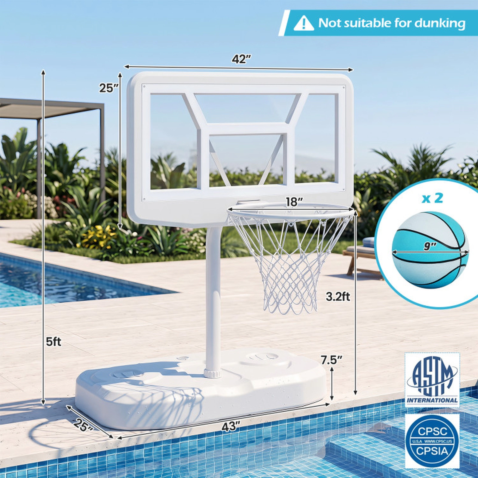 SUGIFT Shatterproof Backboard Pool Basketball Hoop Set with 2 Spheres and Pump Metal and PE Frame White