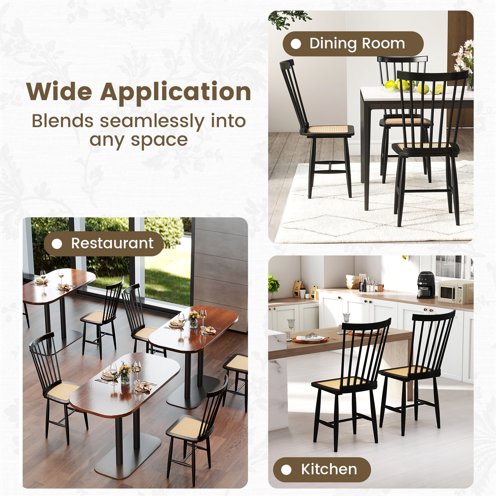LJG Farmhouse Solid Rubber Wood Dining Chairs Set of 2 with PE Rattan Seats