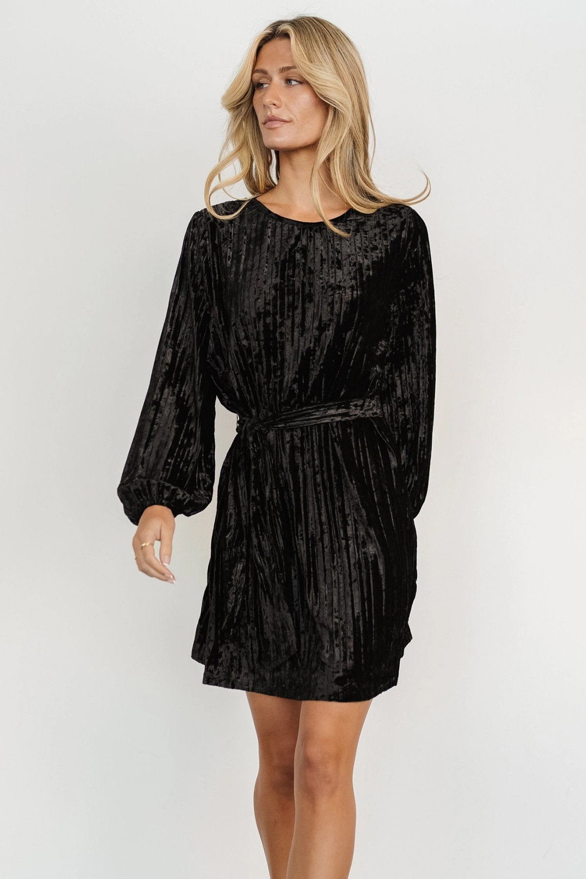 BLUEMING Women's Velvet Dress Lantern Sleeve High Waist A-Line Skater Cocktail Party Dresses With Belt Business Wear