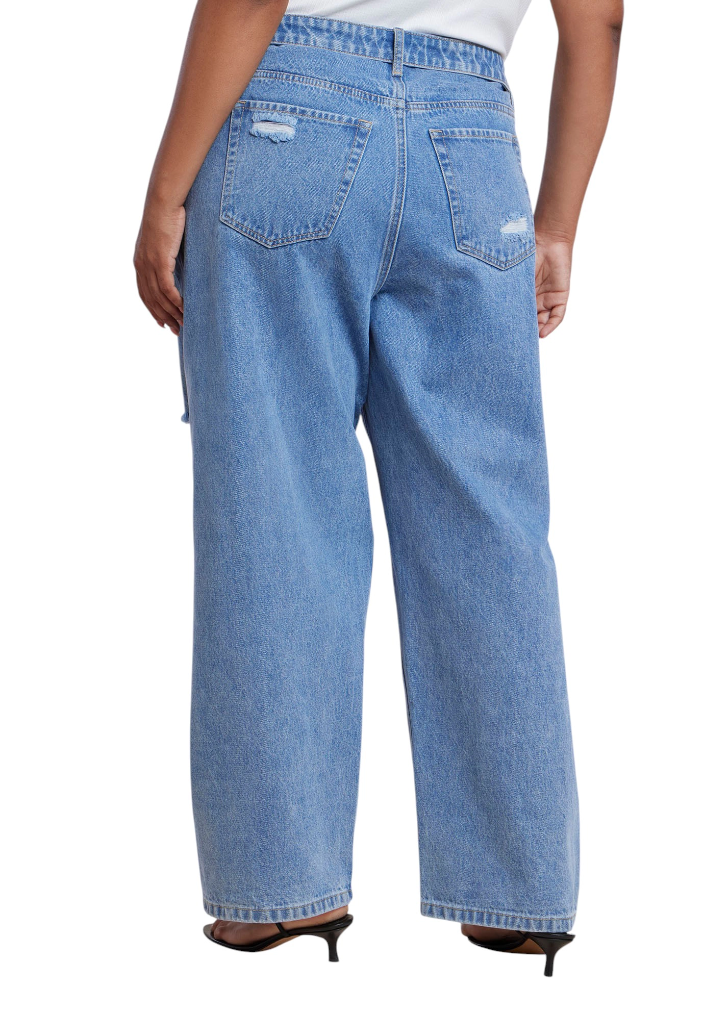 ELOQUII Women's Plus Foldover Waistband Distressed Straight-Leg Jean