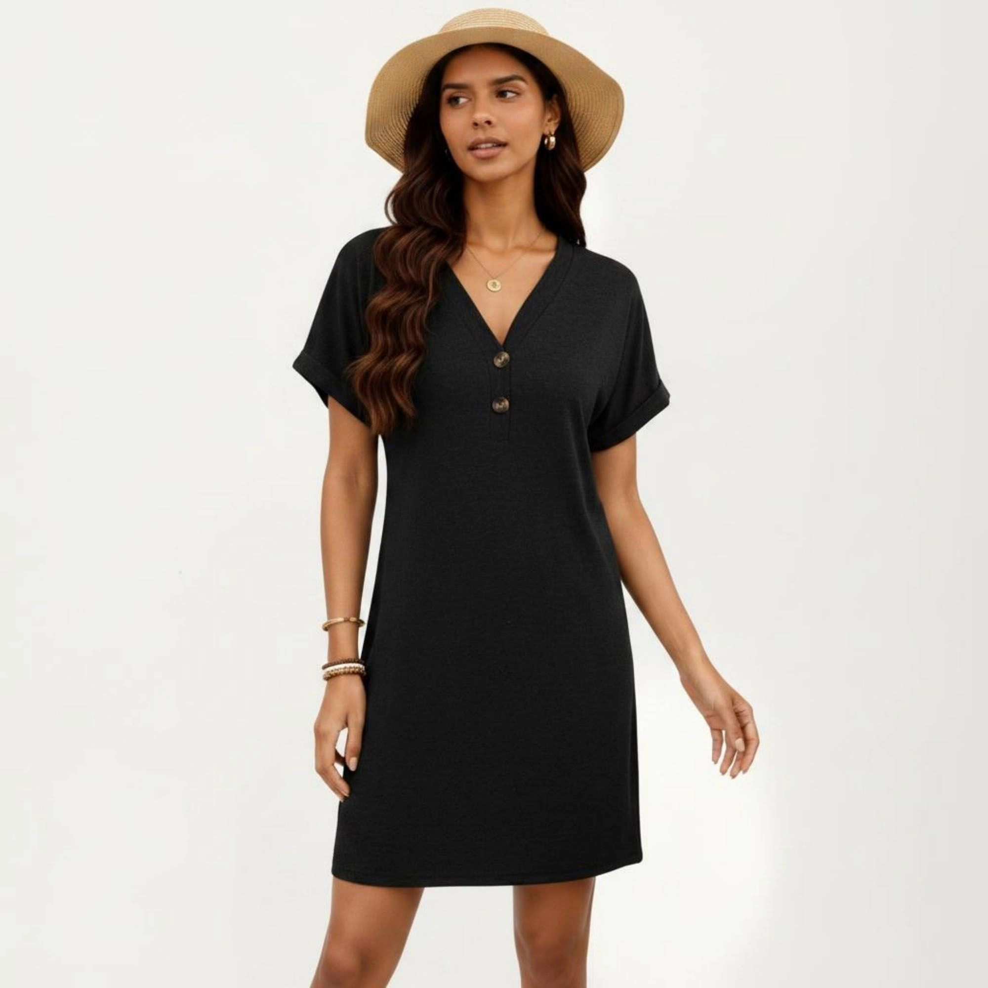 Anna-Kaci Women's Short Sleeve V Neck Button Detail Relaxed Fit Casual Tunic Shift Dress