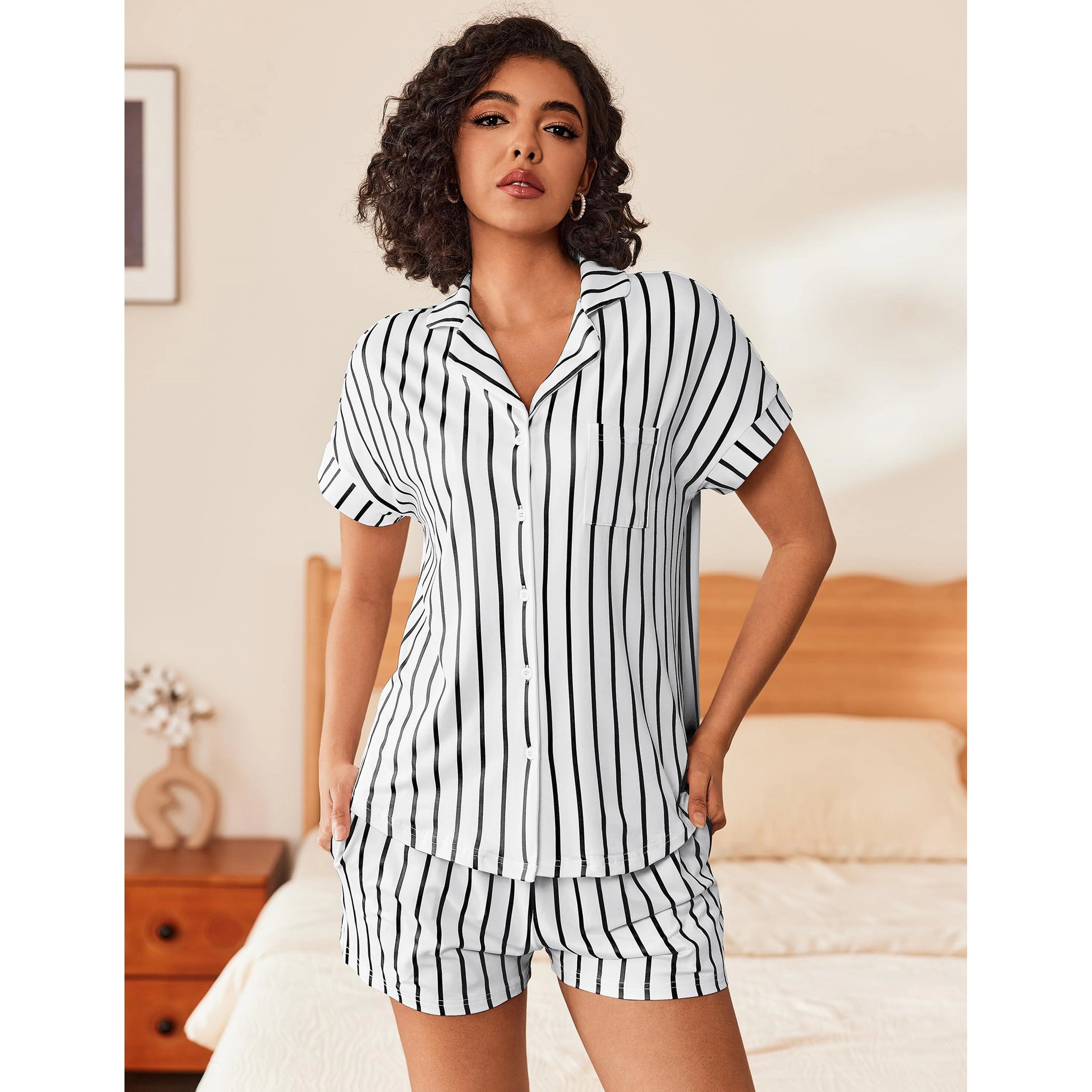 Ekouaer Womens Button Down Pajamas Set Two Piece Sleepwear Short Sleeve Pjs Soft Lounge Sets