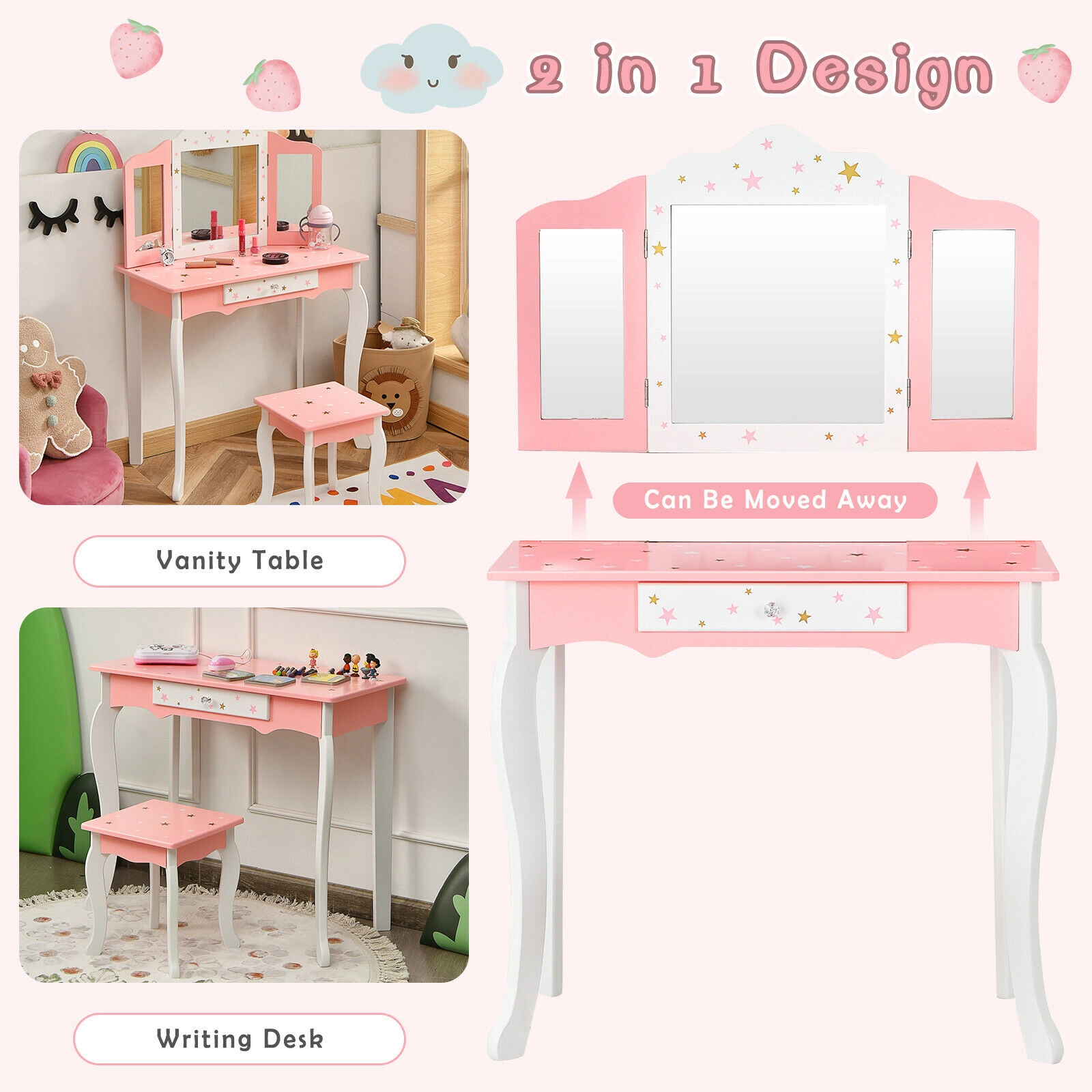 SUGIFT 2-in-1 Detachable Kids Princess Vanity Table and Stool Set with Tri-folding Mirror 44/88-lb Capacity Pink/White