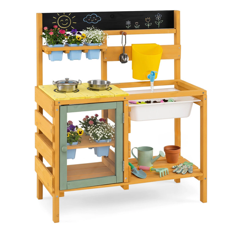 Hivvago Wooden Mud Kitchen for Toddlers with Faucet and Water Tank