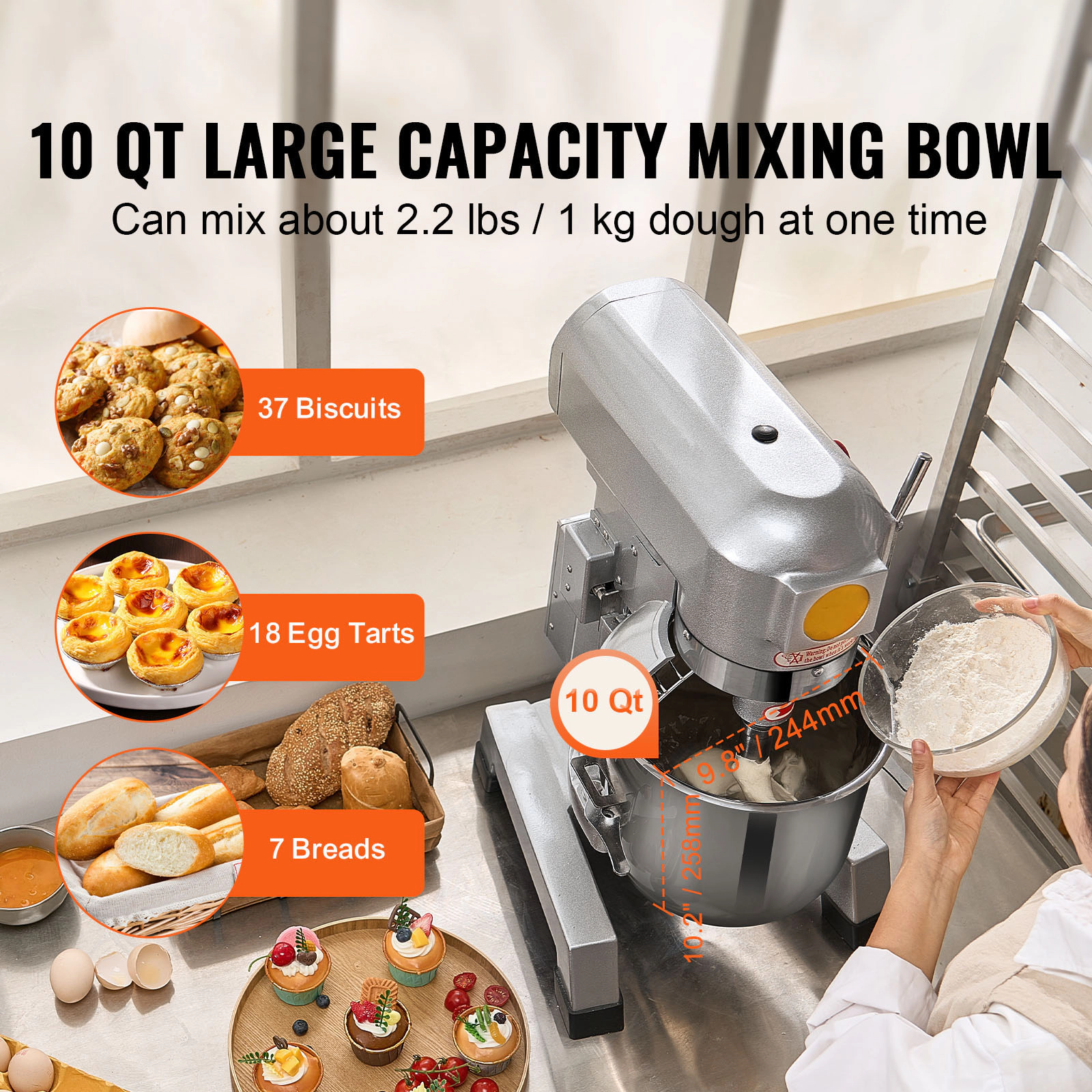 HONGGE Commercial Food Mixer Commercial Mixer with Timing Function Stainless Steel Bowl Heavy Duty Electric Food Mixer