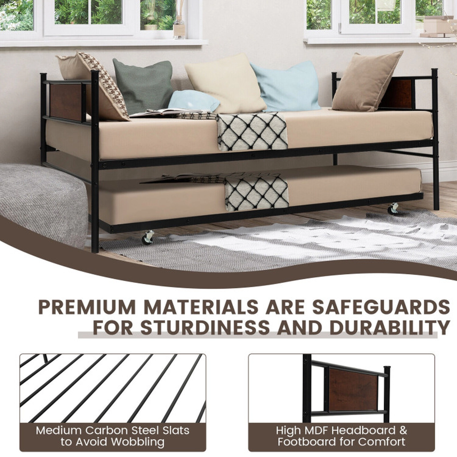 SUGIFT Black Pull-Out Rolling Trundle Twin Size 2-in-1 Teens Metal Daybed Frame