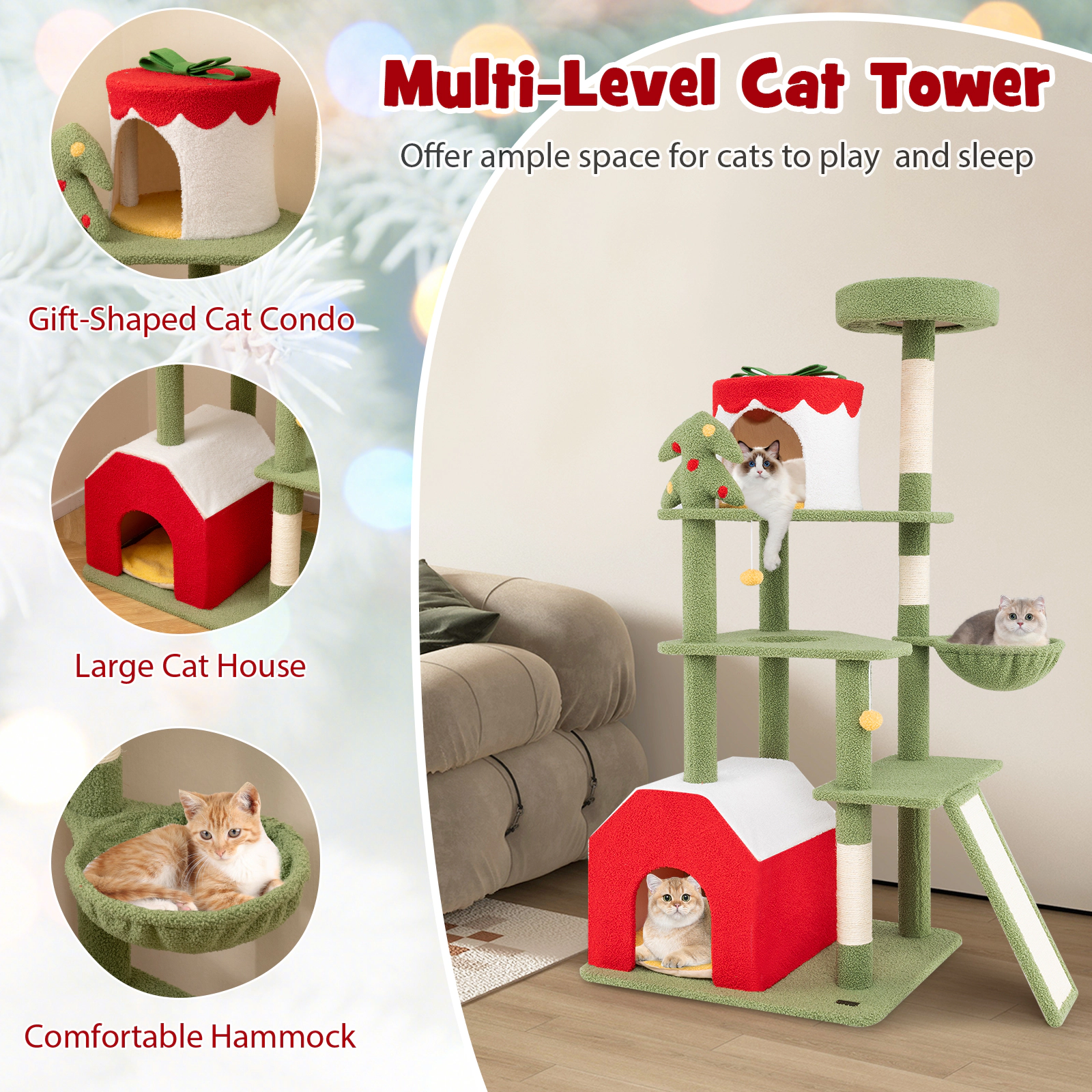 SUGIFT 61-in Christmas Cat Tree with Sisal Scratching Posts, 2 Condos and Basket Bed Green, Red, Yellow, White