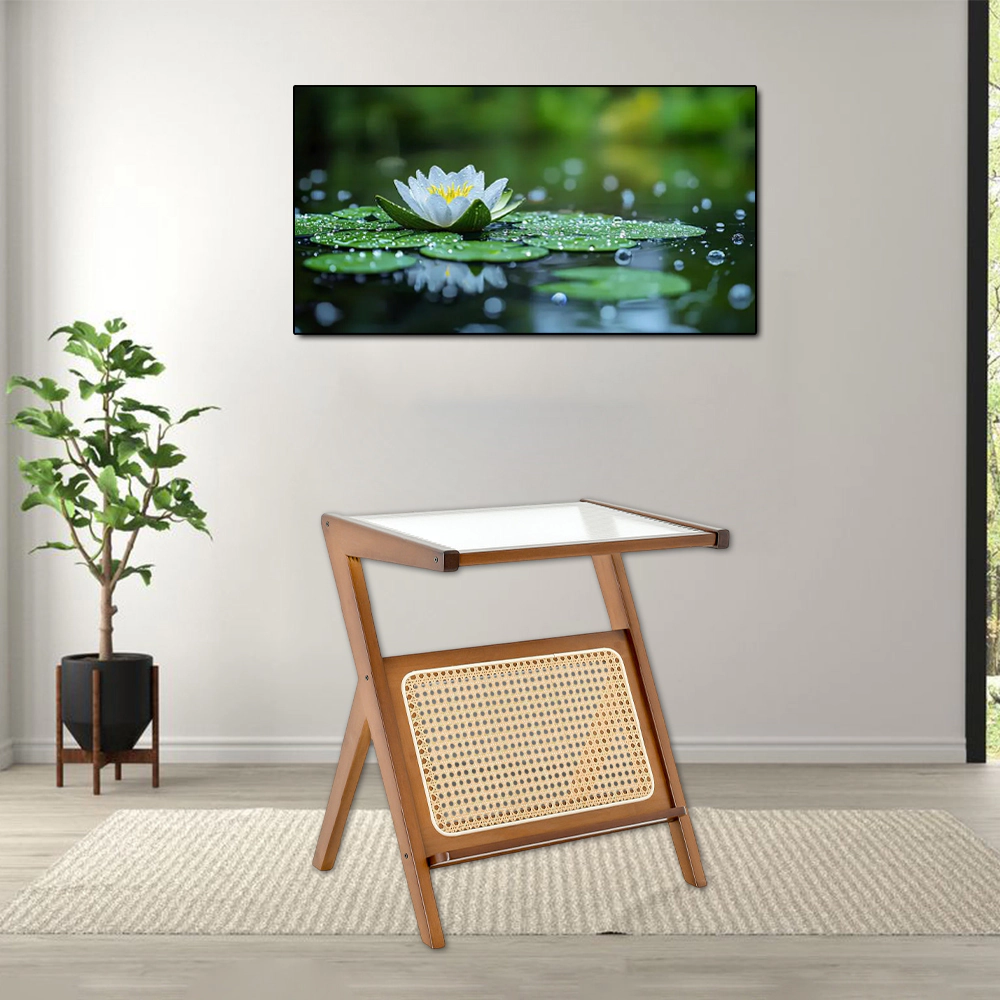 Hivvago Rattan-Style End Table with Magazine Storage and Glass Top