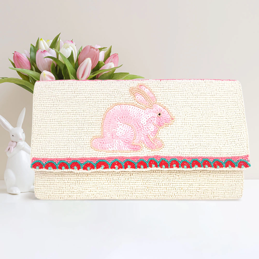 Fashnzfab Sequin Easter Bunny Seed Beaded Clutch / Crossbody Bag