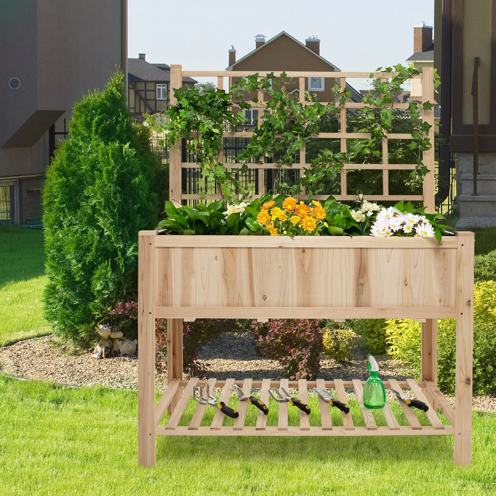 SUGIFT Natural Raised Garden Bed with Trellis and Storage Shelf 42-in W 21-in D 58-in H 386-lb Bed Capacity