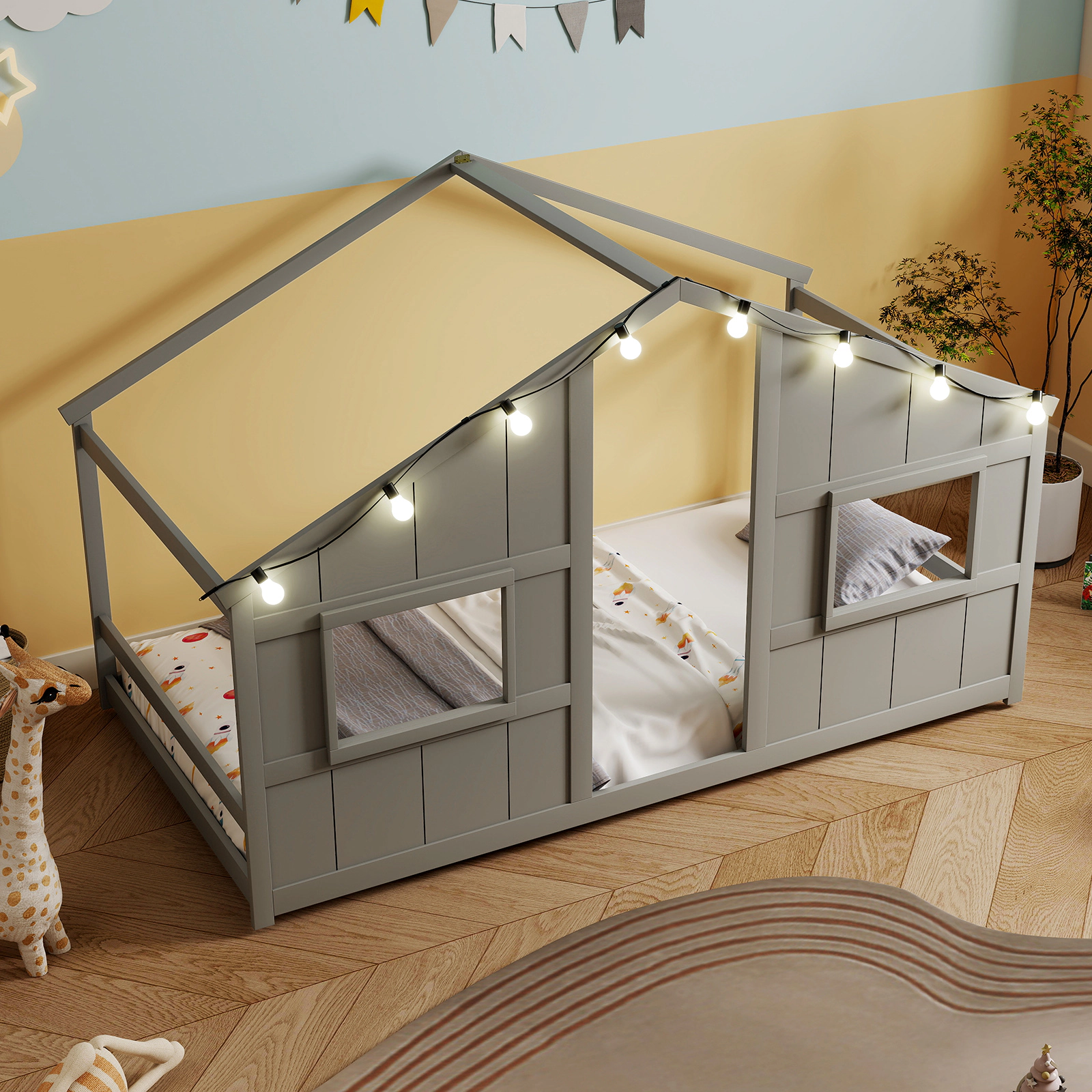 SUGIFT Twin Size Slat-Free House Floor Bed with LED Lights 51-in Tall Toddler Bed Solid Wood Frame Gray White Natural