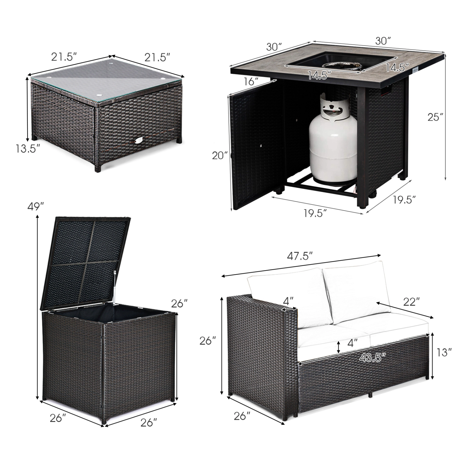 LJG 5-Piece Patio Furniture Set with 30 Inches Gas Fire Pit Table Outdoor PE Wicker Sofa Set