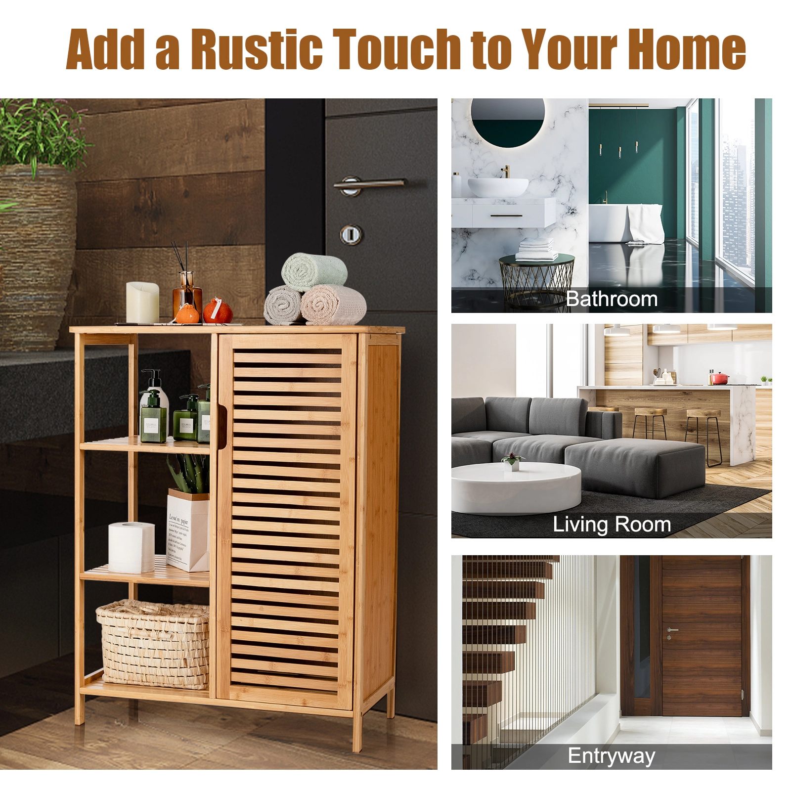 Slickblue Bathroom Floor Storage Cabinet Natural Wicker MDF Open Shelves Door Cabinet