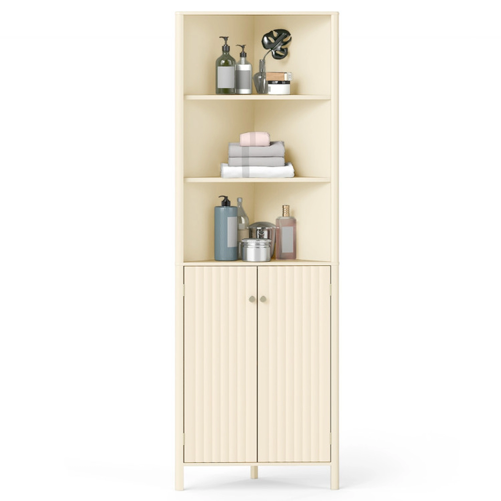 SUGIFT Corner Bathroom Cabinet with 5 Shelves and 2 Fluted Doors 22-lb Shelf Capacity 110-lb Total Capacity Beige