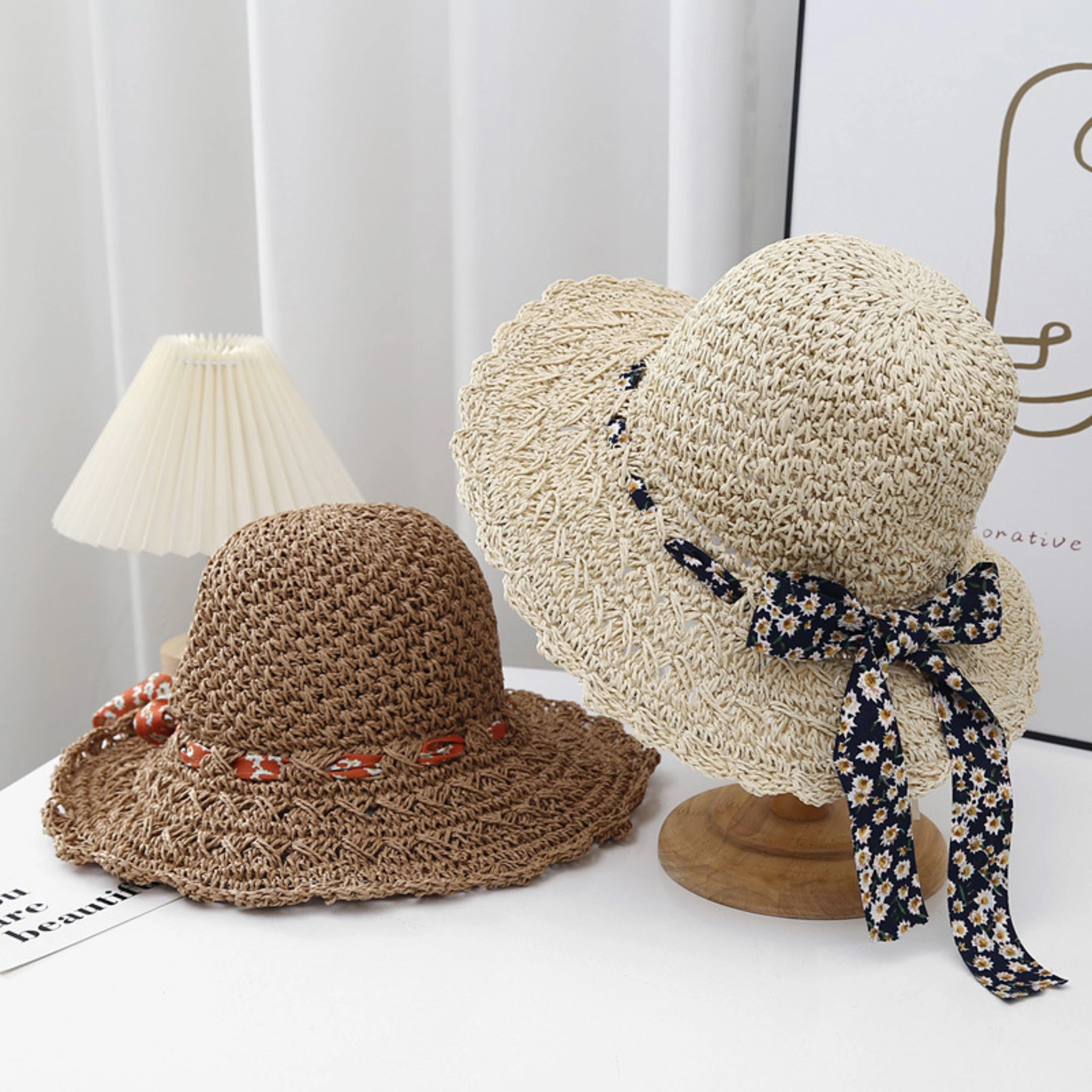Anna-Kaci Women's Women Woven Straw Sun Hat Wide Brim Lightweight with Floral Ribbon Tie Detail