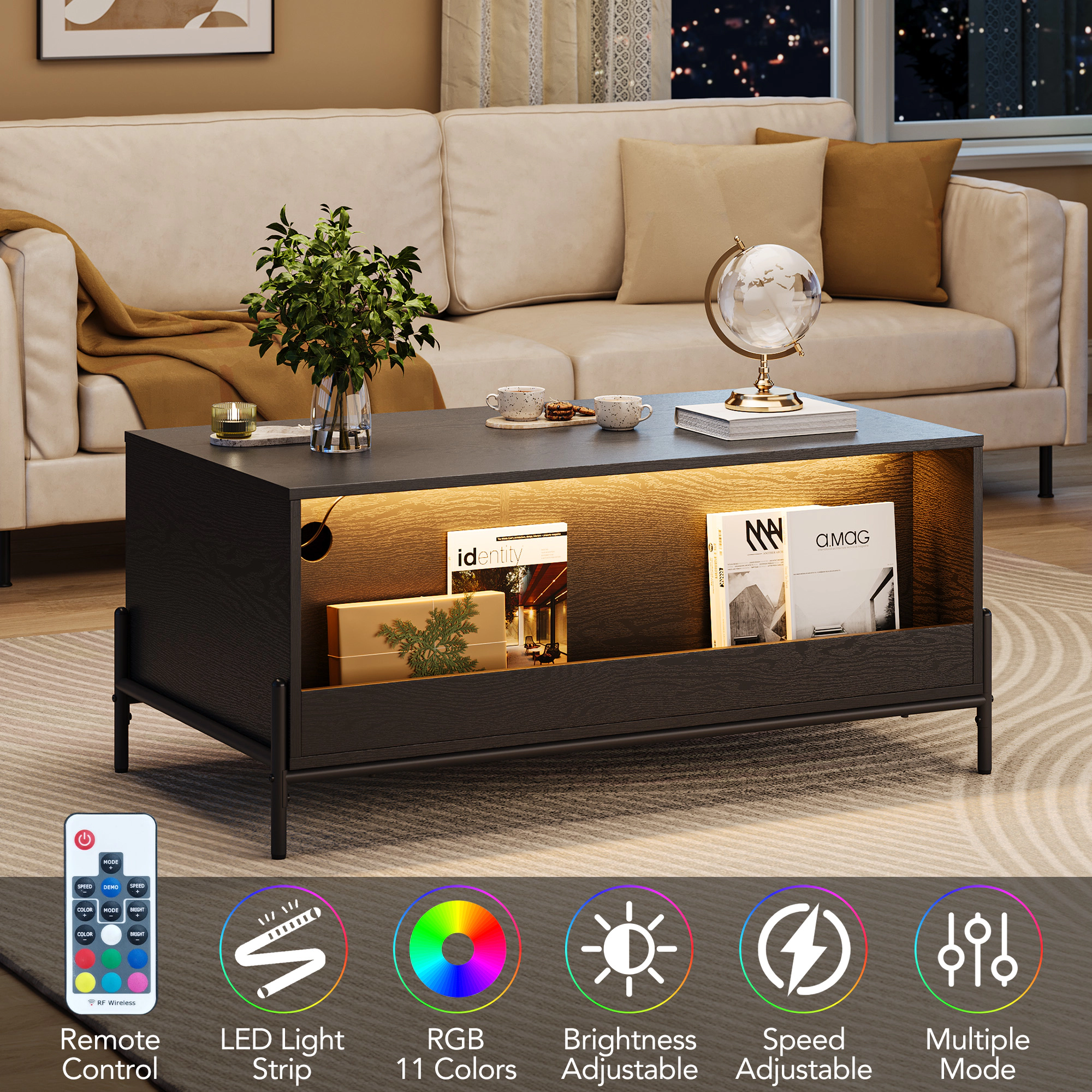 BebreezChic Rattan Coffee Table with LED Lights, Rectangular Center Table for Living Room - 2 Storage Drawers