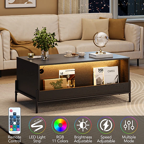 BebreezChic Rattan Coffee Table with LED Lights, Rectangular Center ...