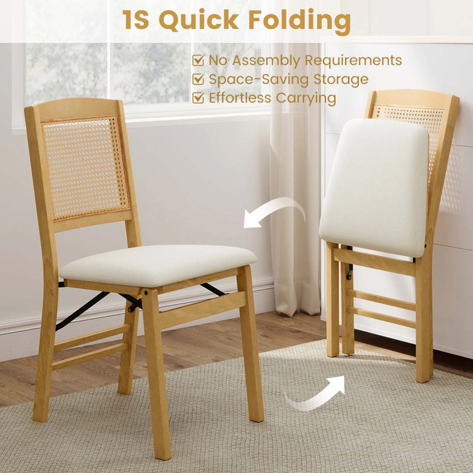 SUGIFT Folding Rubber Wood Dining Chairs Set of 2 with Linen Padded Seat 400-lb Capacity 35-in Tall Natural Beige