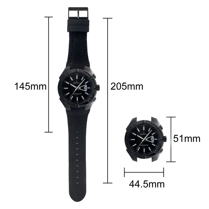 Peugeot Men's 44mm Black Sport Calendar Stitched Rubber Band Watch