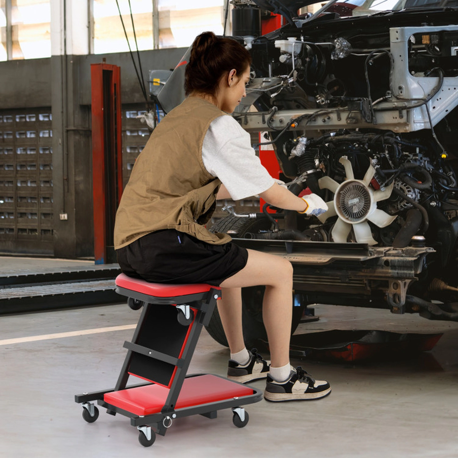 SUGIFT 40-in 2-in-1 Folding Automotive Creeper and Z-Shaped Stool with Padded Seat and 6 Wheels