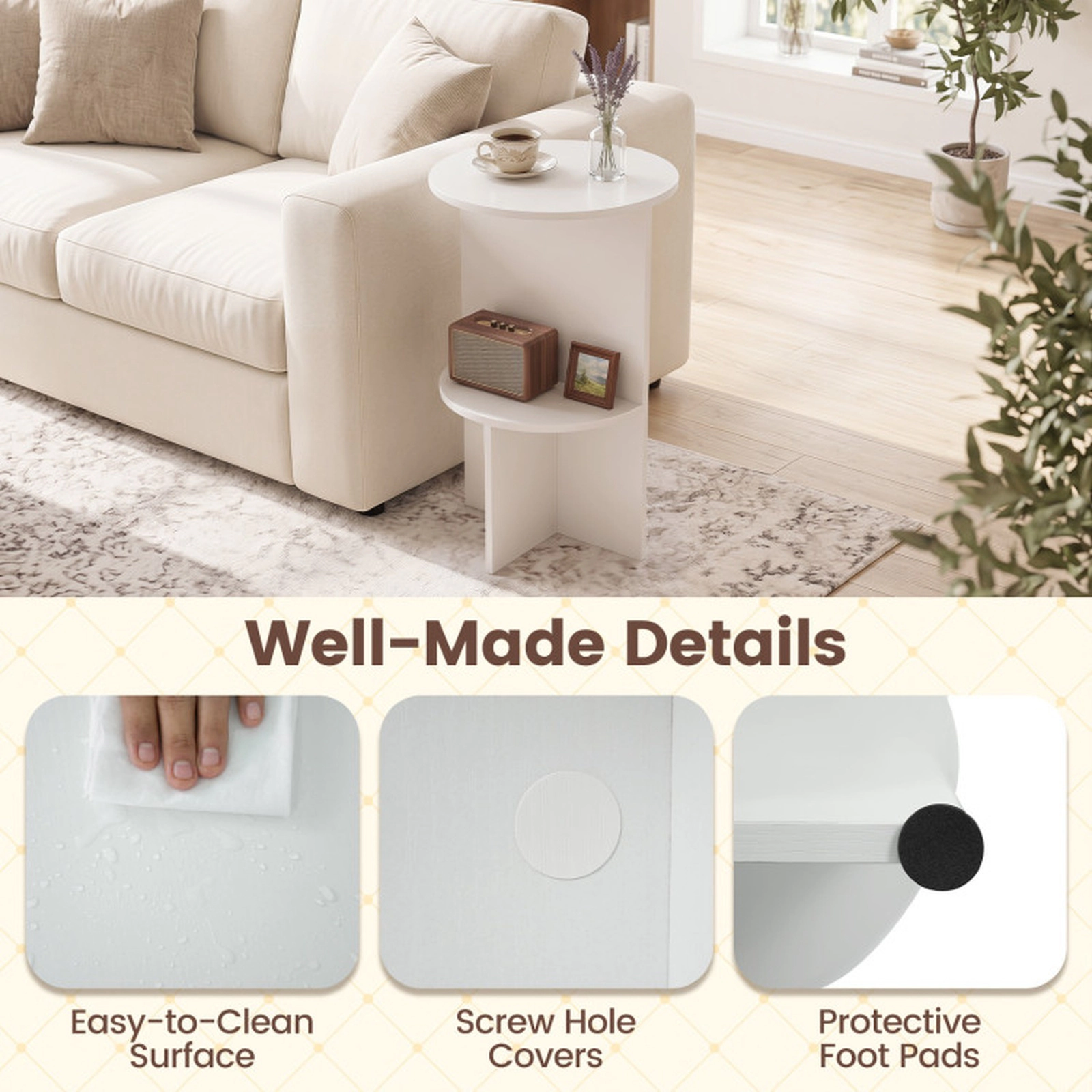 SUGIFT 2-Tier Round Side Table Storage Shelf 66-lb Tabletop Capacity 33-lb Shelf Capacity Small-Space Accent Table White