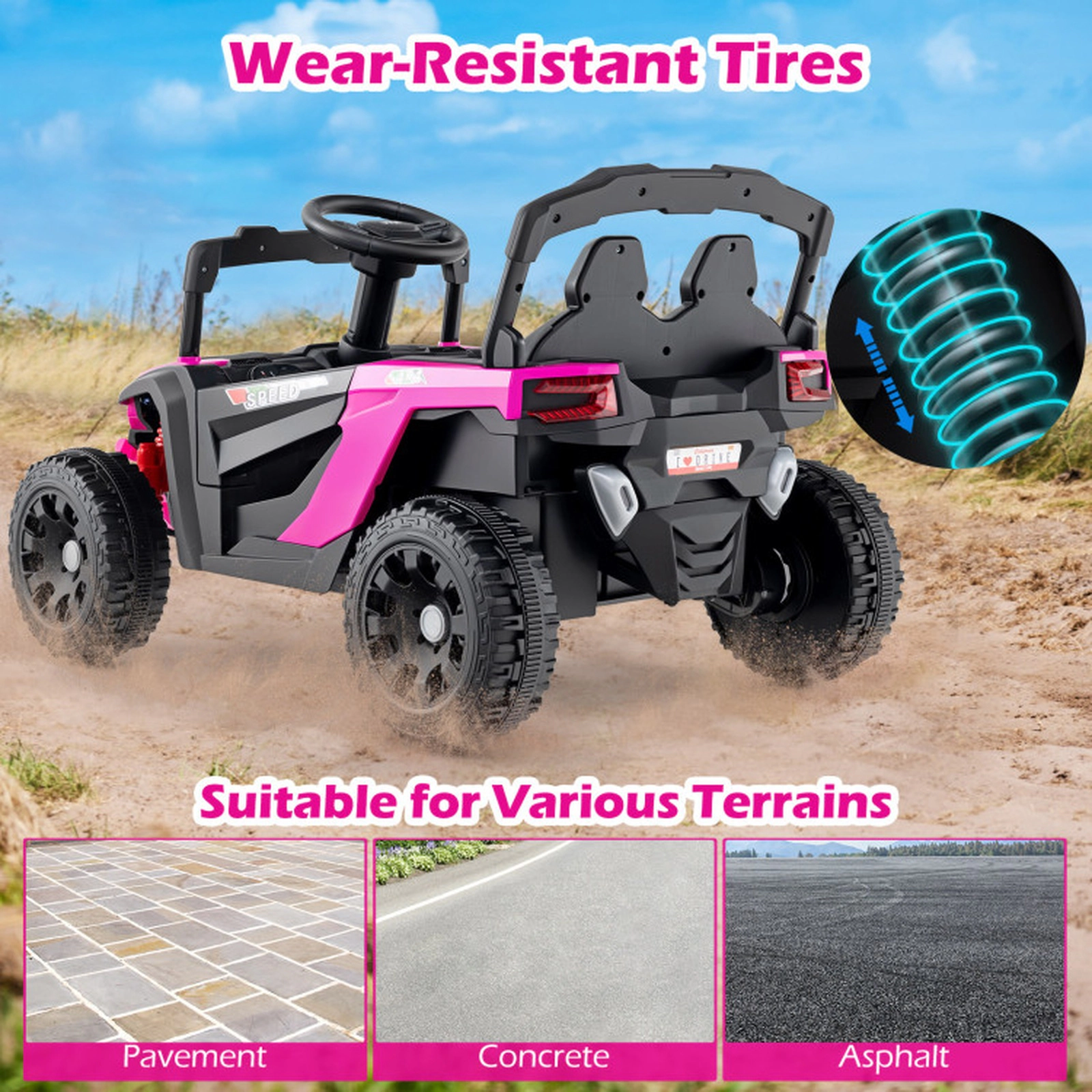 SUGIFT 12V Electric Ride On UTV Car with Remote, LED Lights, Music and Horn 66-lb Capacity Ages 3+ Hot Pink 35.5-in Long