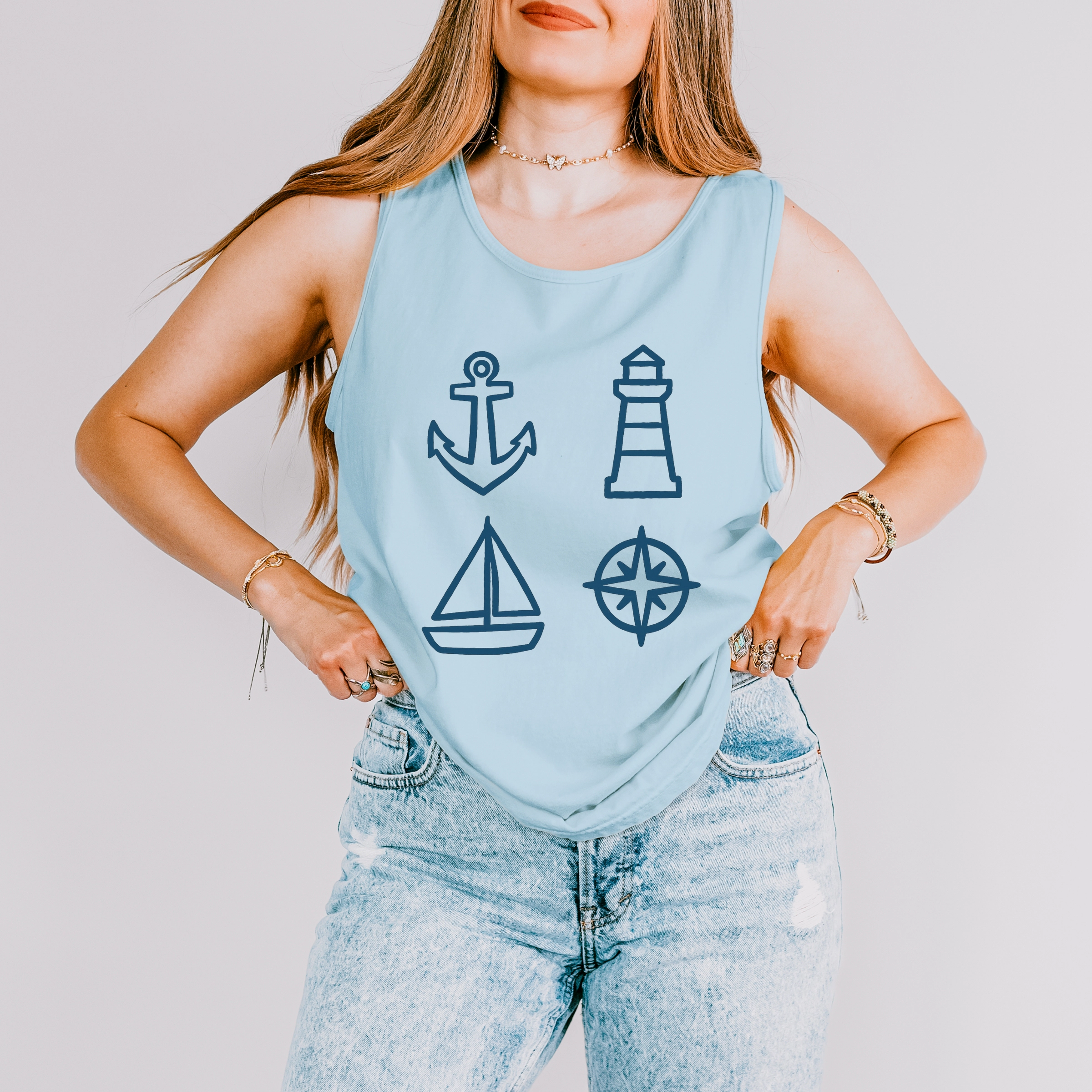 Simply Sage Market - Anchor Lighthouse Boat Compass Women's Garment Dyed Graphic Tank Top