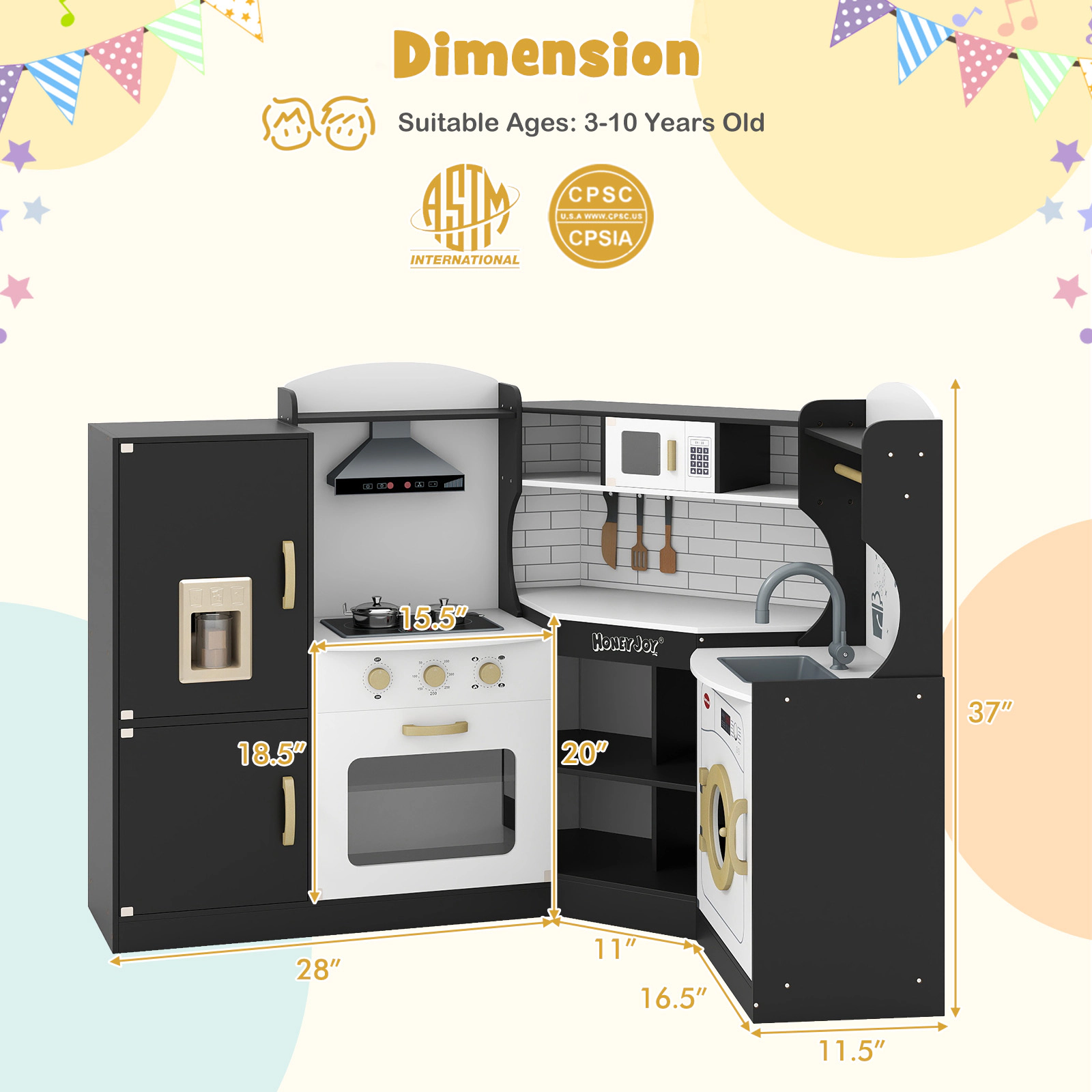 LJG Corner Kids Play Kitchen with Washing Machine and Ice Maker Gift for Boys Girls