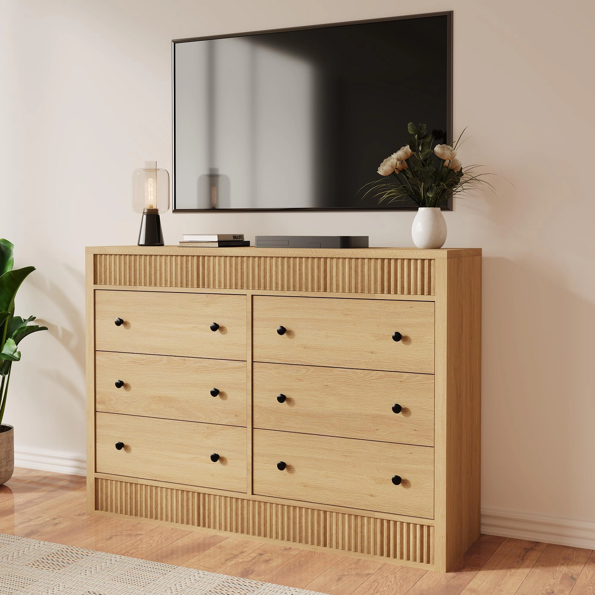 Fluted 6 Drawer Wooden Dresser, 47" Wide Modern Storage Chest for Bedroom or Living Room