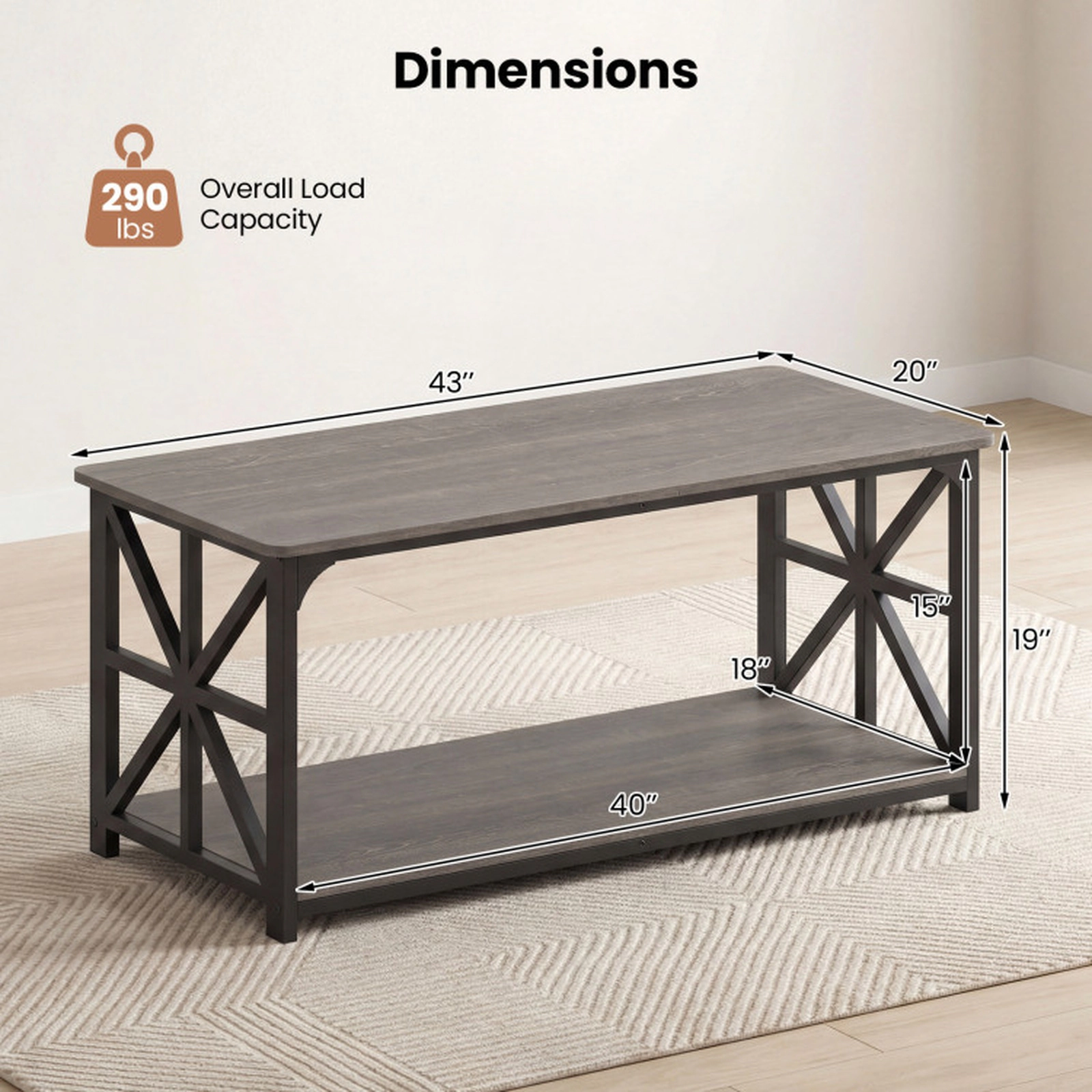 SUGIFT 43-in 290-lb Overall Capacity 2-Tier Oak Farmhouse Coffee Table with X-Shaped Carbon Steel Frame