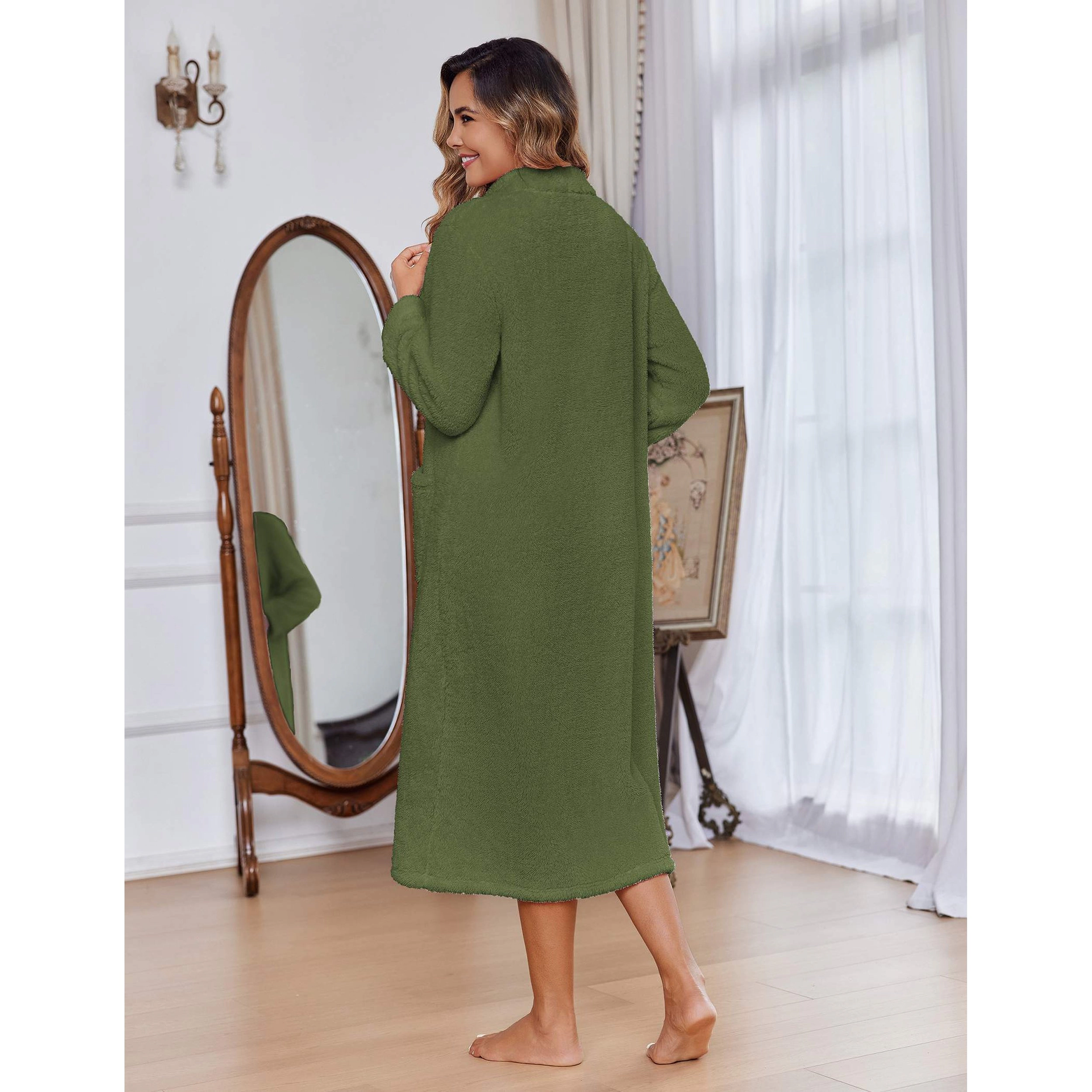 Ekouaer Women's Fleece Zip Up Robe Long Sleepshirt with Pockets
