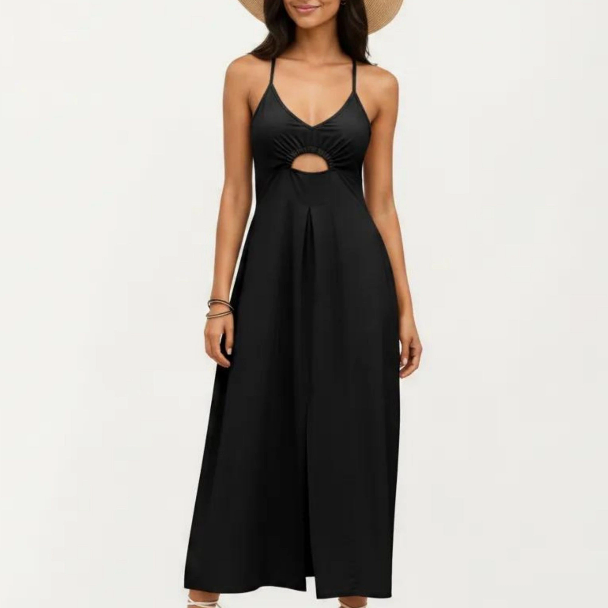 Anna-Kaci Women's Sleeveless Cutout Front Smocked Back Maxi Dress