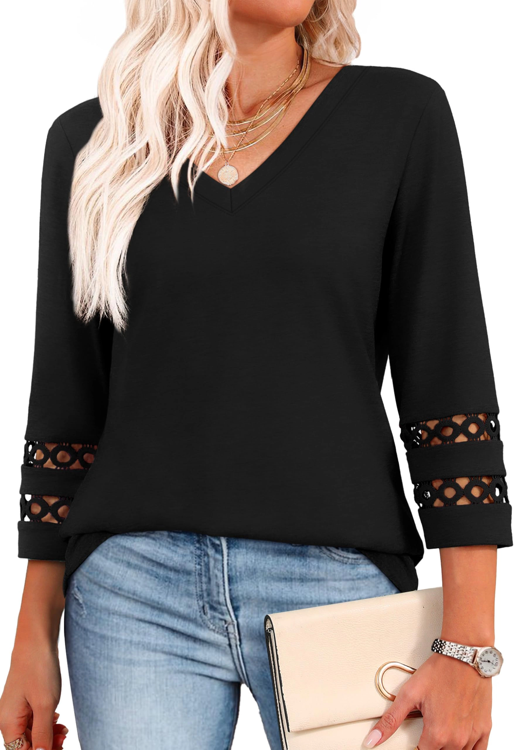 Enchanted Funland Womens V‑Neck 3/4 Sleeve Hollow Lace Cutout Cuff Casual Tops