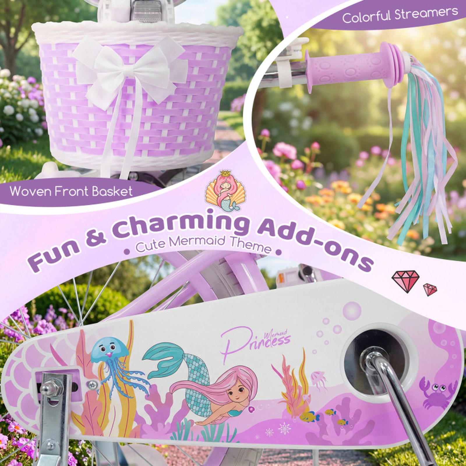 SUGIFT Purple Storage Basket Streamers and Mermaid Graphics Kids Bike