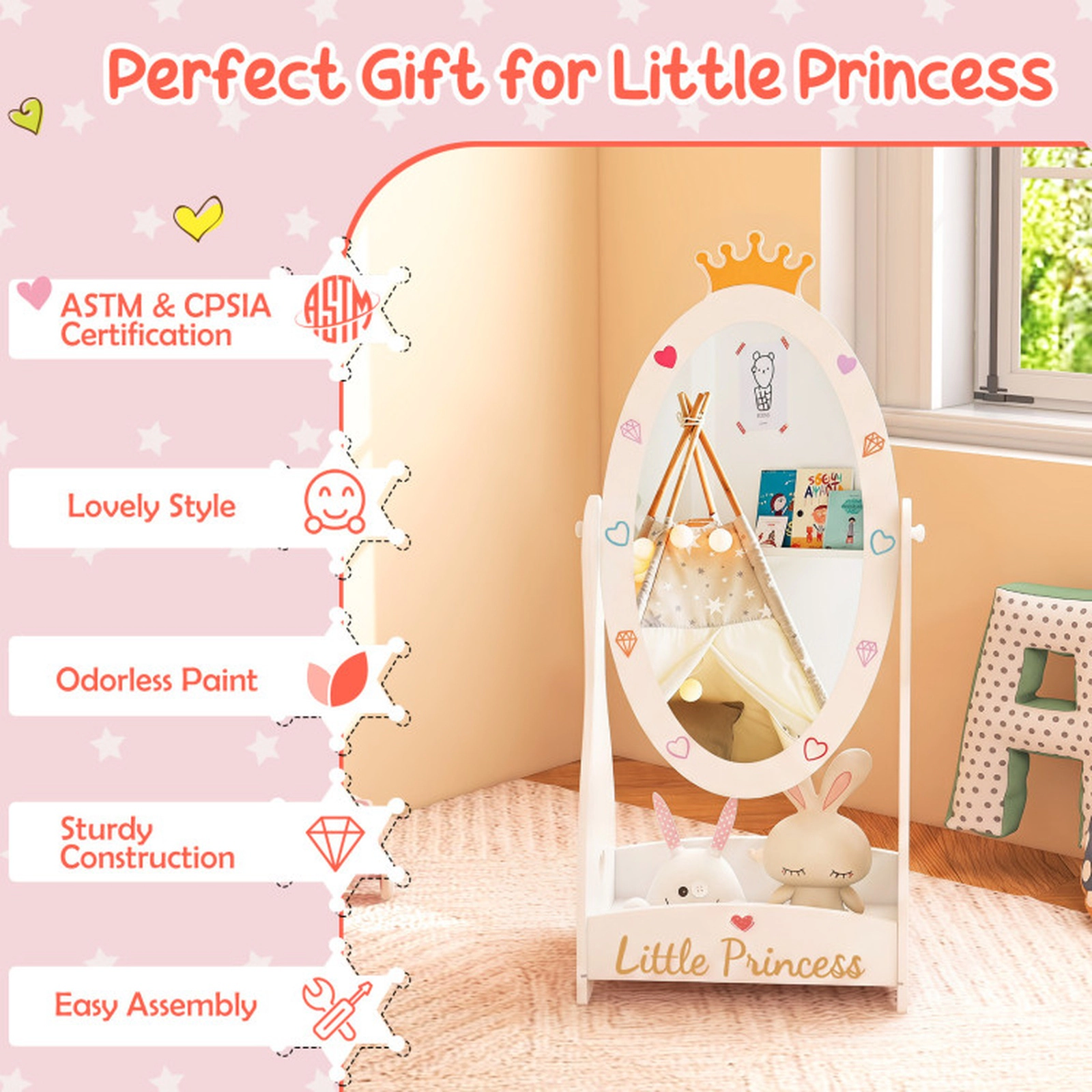 SUGIFT 360-Degree Rotating Frame and Storage Shelf Kids Full Length Mirror