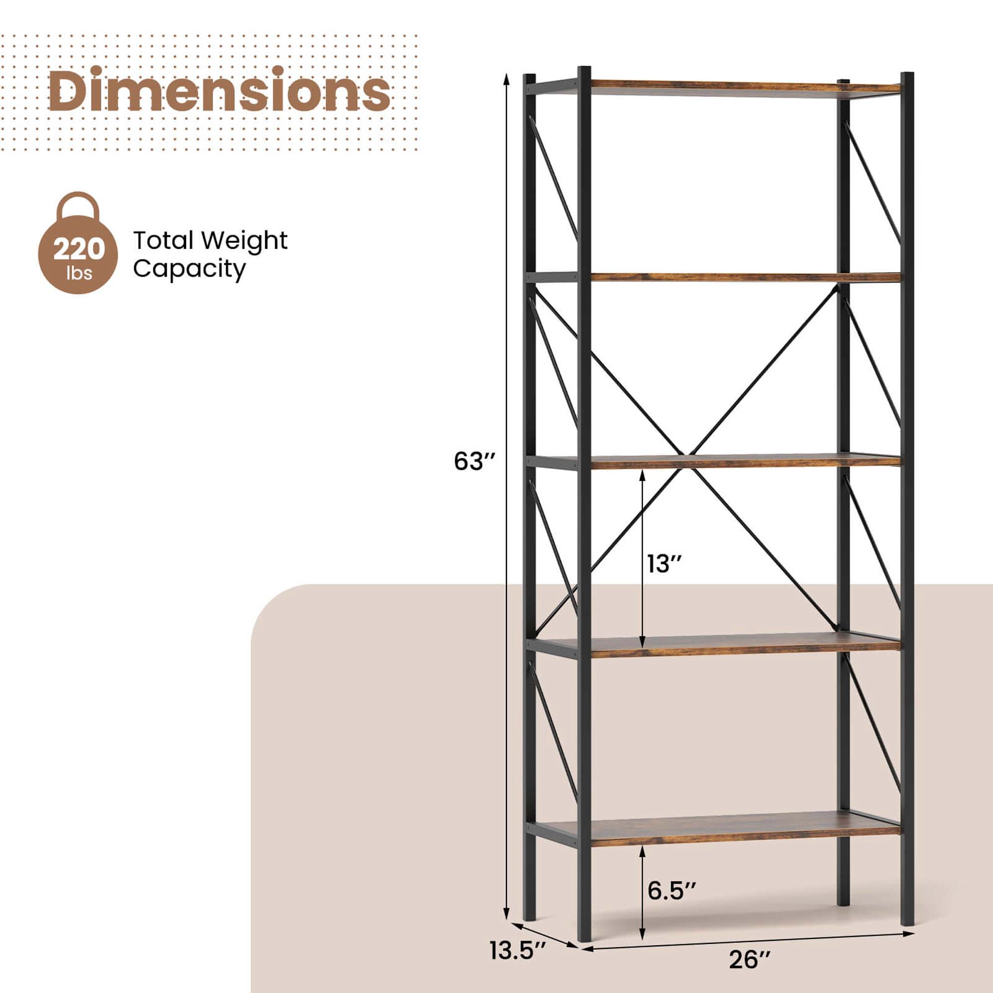 Costway 2 PCS 5-Tier Bookshelf, Industrial Tall Bookcase with Open Storage Shelves & Metal Frame Brown