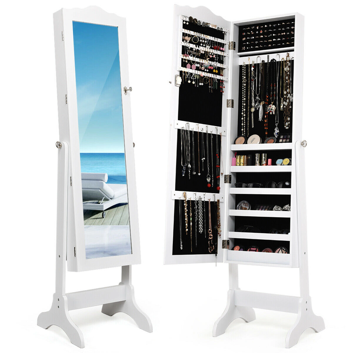 SUGIFT White 4-Angle Tilting Mirrored Jewelry Cabinet Lockable Floor Mirror Armoire with Large Storage