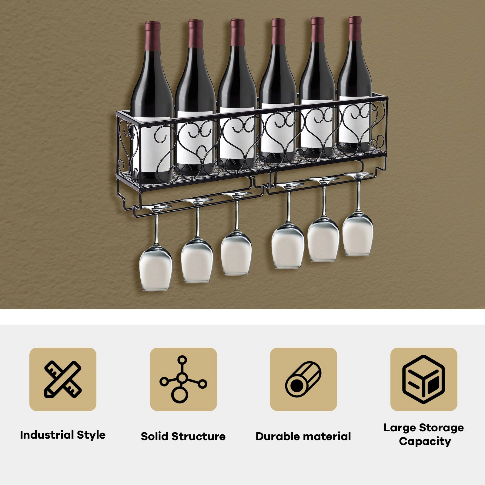 SlickBlue Wall Mounted Wine Rack with Glass Holder and Bottle Storage