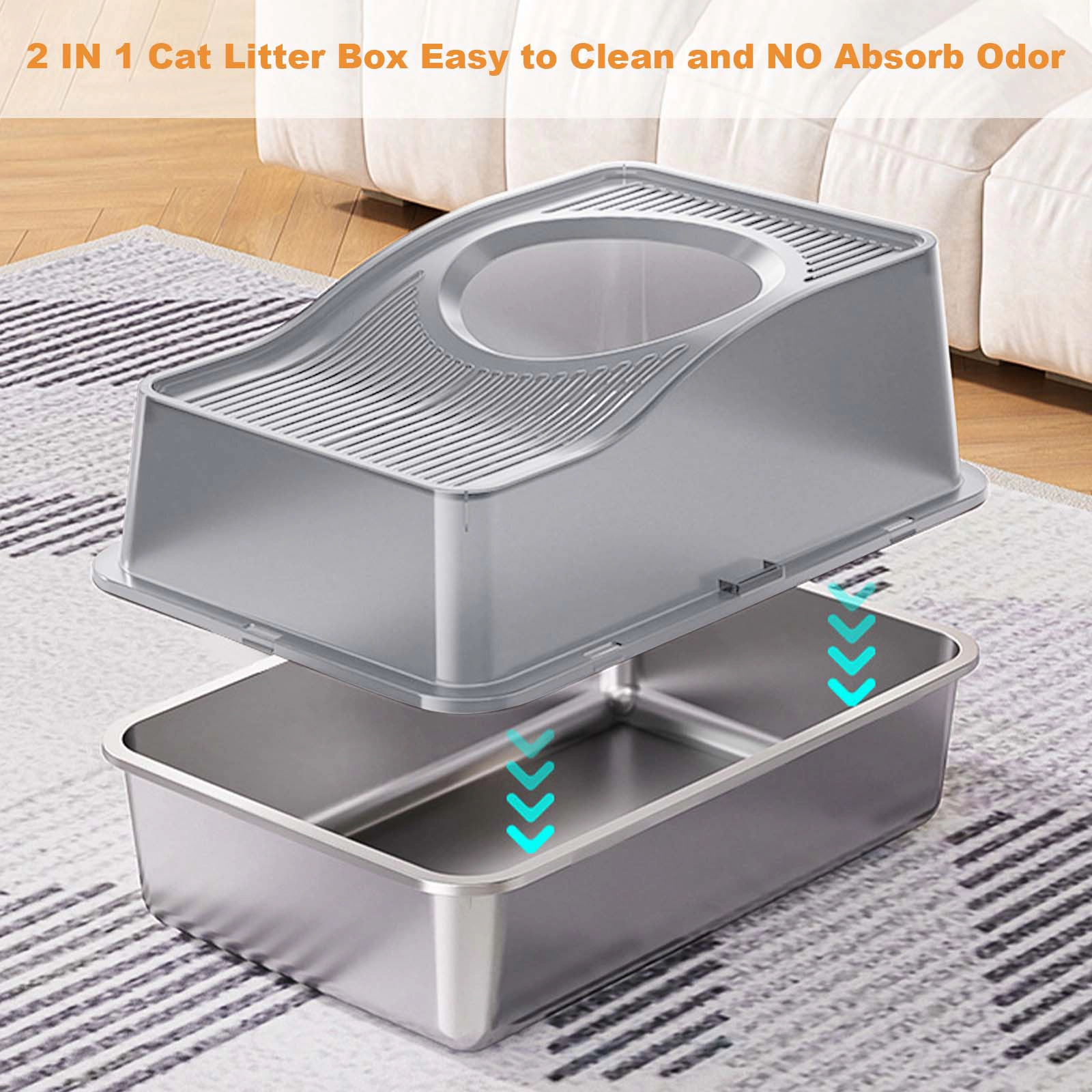 XL Enclosed Stainless-Steel Cat Litter Box, Raised Hollow-Cover Anti-Tracking Toilet 60x40x39.5cm, Gray