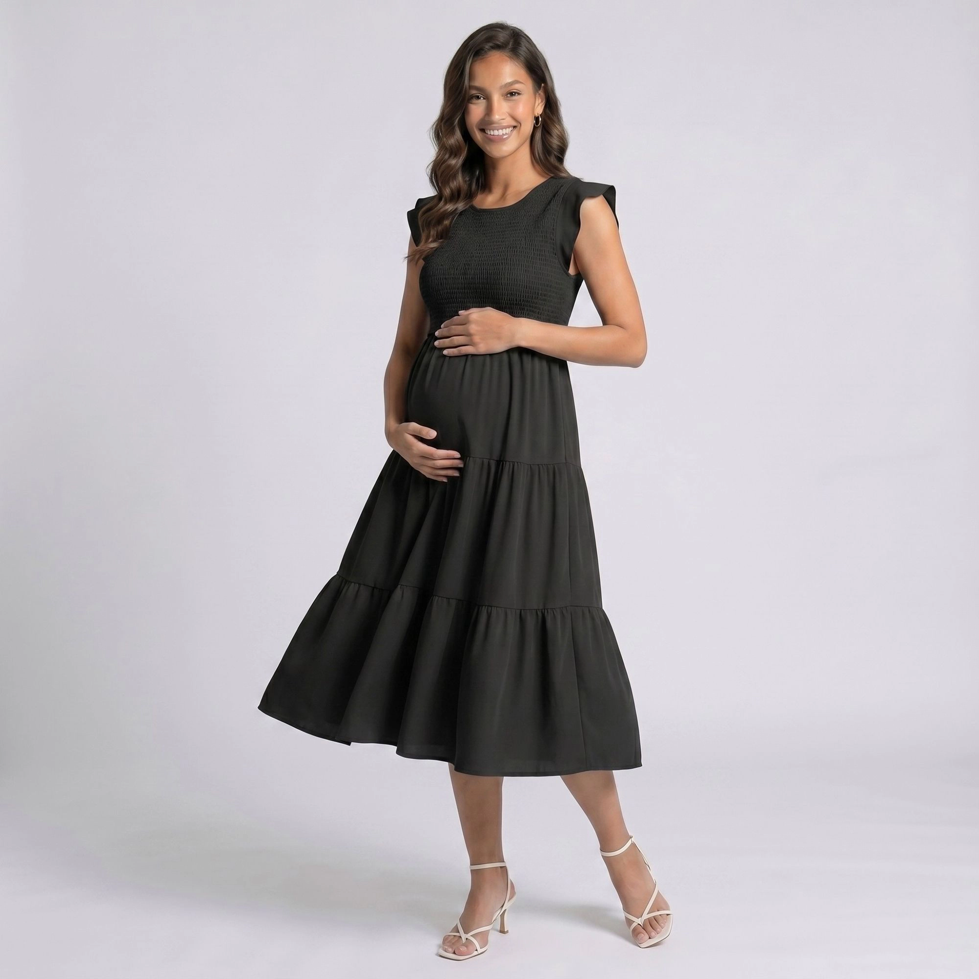 Anna-Kaci Women's Maternity Smocked Tiered Cap Sleeves Round Neck Midi Dress
