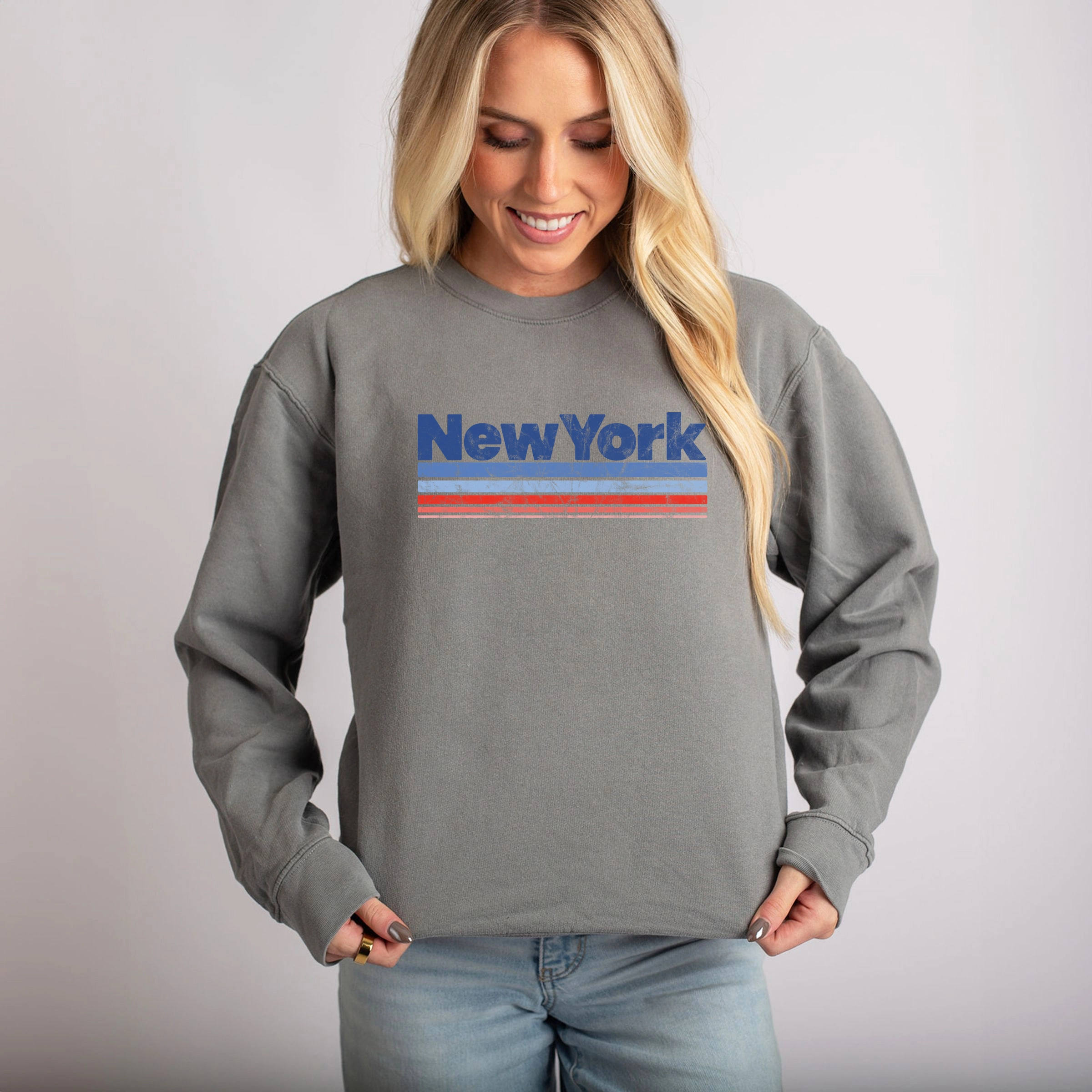 Simply Sage Market - Women's Lightweight Garment Dyed Sweatshirt New York Retro Stripes